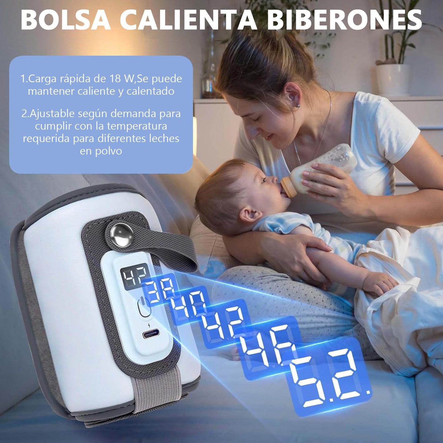 Calentador de biberones portátil,Bolsa para calentar biberones USB,Pantalla LCD calentamiento rápido,Mantiene Leche del Bebé Caliente,Adecuado para Viajes Largos y para su Uso Sobre Marcha