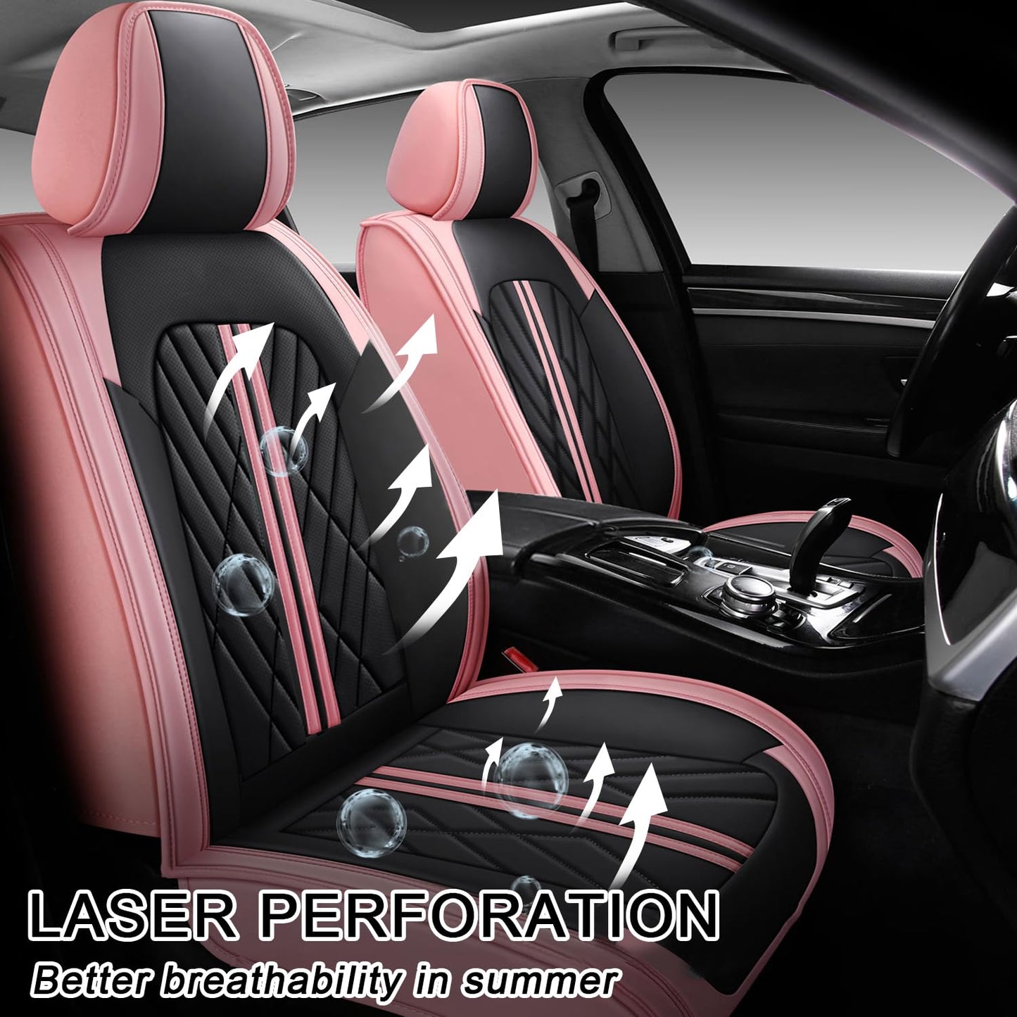 OFFCEI Fundas para Asientos de Cuero Impermeable y Lavable, Universal para Coches Medianos/Pequeños de 5 Plazas/SUV (Negro y Rosa)