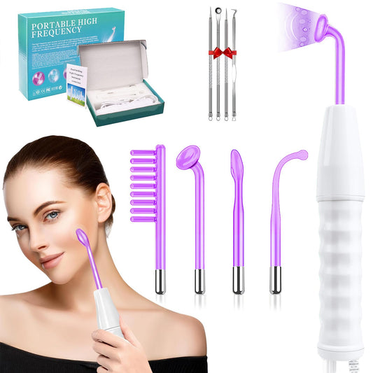Alta Frecuencia Facial,Radiofrecuencia Facial Corporal de Portátil Con 4 Varitas de Neón Diferentes,Estiramiento de la Piel,Antienvejecimiento,Reducción de Arrugas/Ojeras/Imperfecciones (Luz Violeta)