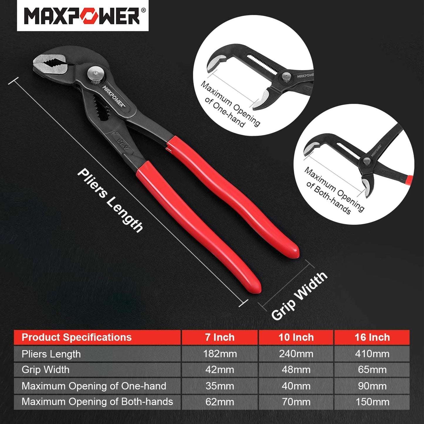 MAXPOWER Juego de alicates para bomba de agua. Juego de 3 alicates de fontanería Juego de alicates de lengüeta y ranura de ajuste rápido de 7 pulgadas, 10 pulgadas y 16 pulgadas