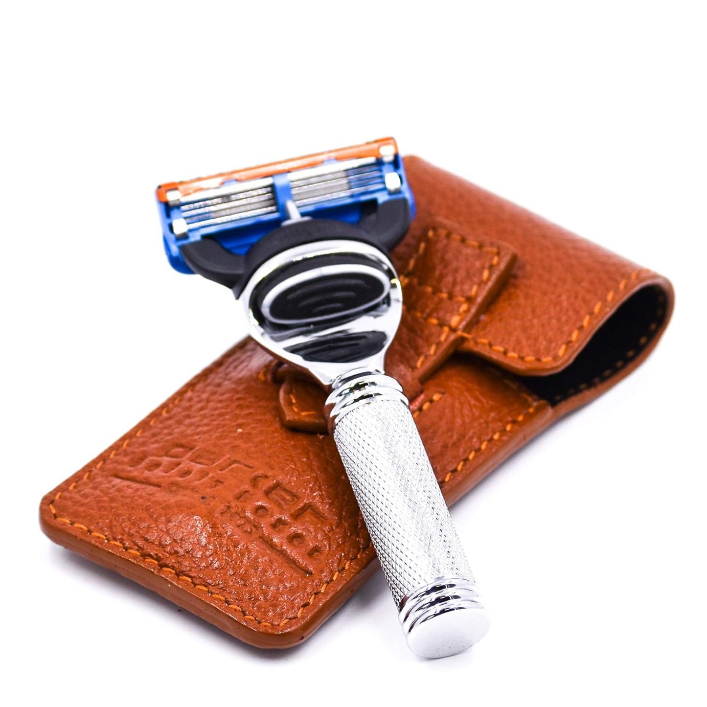Parker - Maquinilla de afeitar de seguridad, 5 cuchillas Gillette Fusion compatible con viaje, con funda de piel de lujo