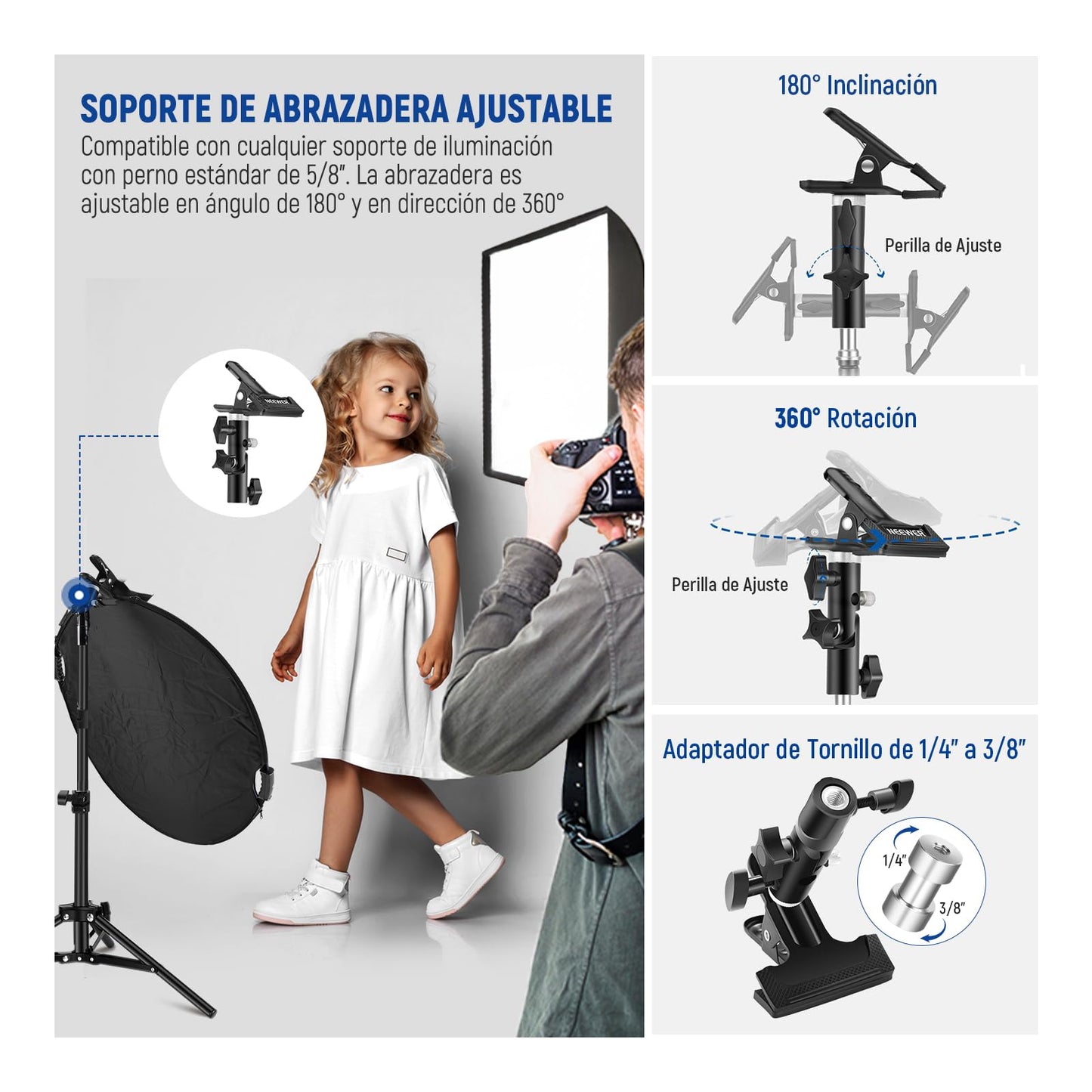 NEEWER 32"/80cm Reflector de Luz con Clamp y Asas, 5 en 1 Reflector Fotografía Multidisco Plegable Translúcido/Plateado/Dorado/Blanco/Negro con Rosca 3/8" para iluminación Estudio Exterior, RF-80II