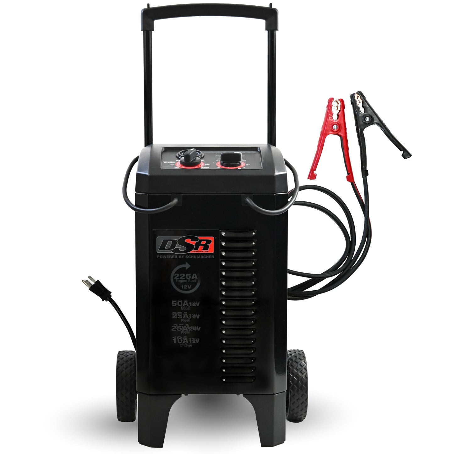 Schumacher Electric DSR ProSeries 6V/12V Cargador de batería manual y motor de arranque – Arrancador de motor resistente 225A – Compatible con camiones, SUV y baterías grandes, abrazaderas codificadas