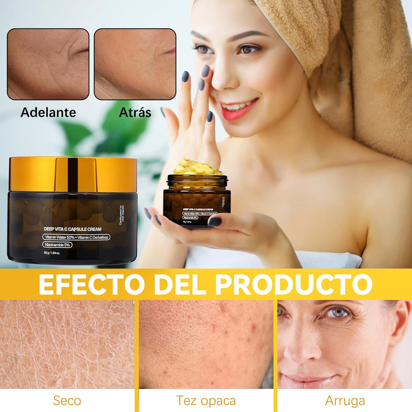 LUSCOR Deep Vitamin C Capsule Cream,Crema en cápsulas Deep Vita C,Gold Capsule Moisturizer,Para antiarrugas y aclaración de la piel: gel transparente, humectante e hidratante