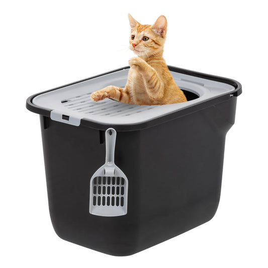 IRIS USA Caja de Arena para Gatos Rectangular de Entrada Superior con Paleta, Grande, Caja de Arena para Gatitos, Blanco/Gris