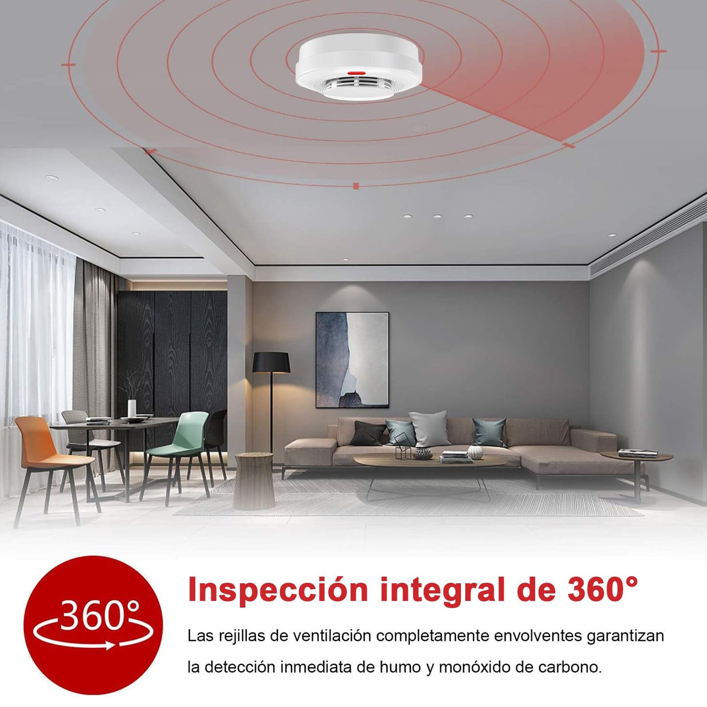Alarma Detector de Humo RYEWGRV Blanca con Detección de 360° Inalámbrica y Advertencia Sonora LED
