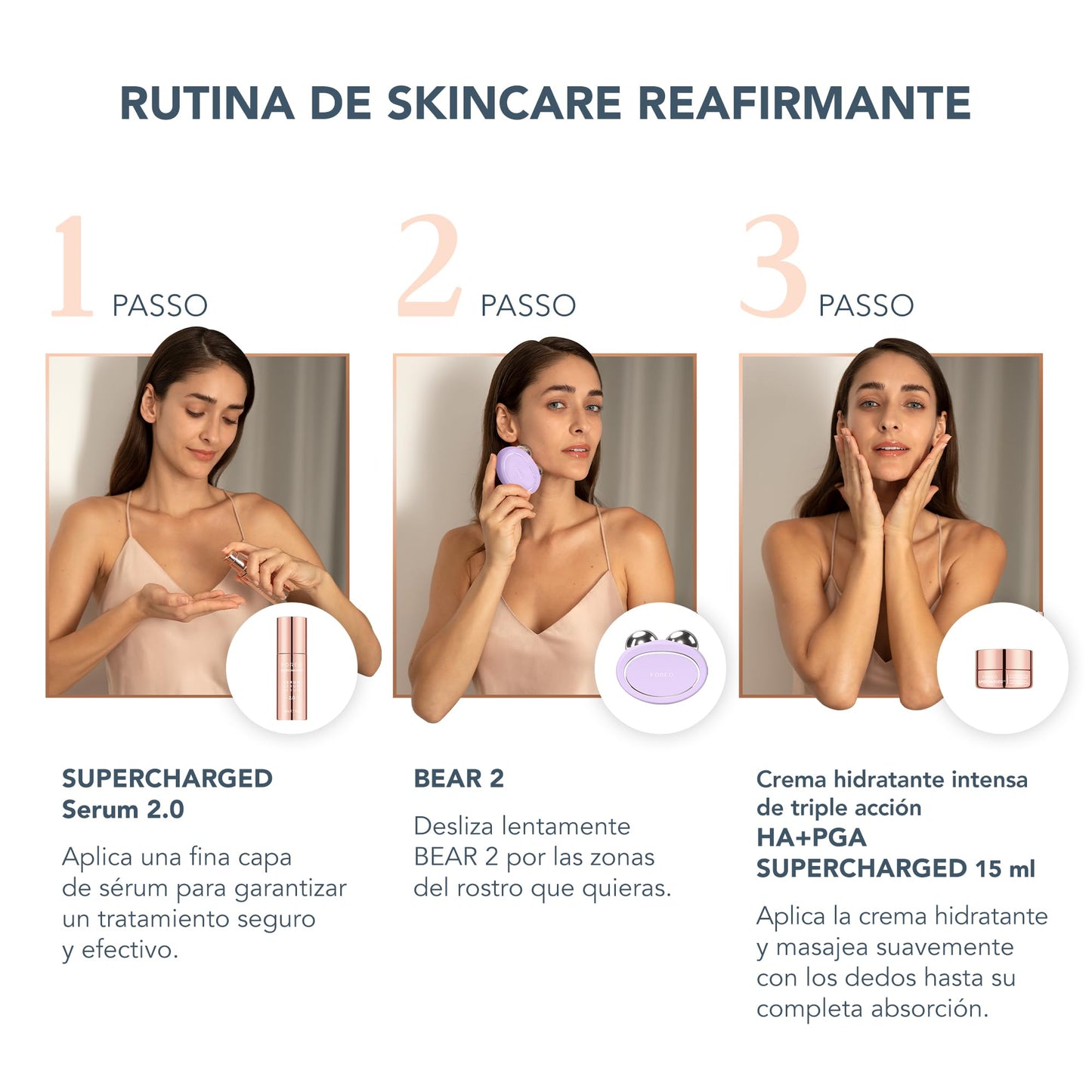 FOREO Set Glow & Tone – BEAR 2 dispositivo facial con microcorriente + SÉRUM 2.0 30 ml + Crema hidratante triple acción HA+PGA 50 ml – Lavender