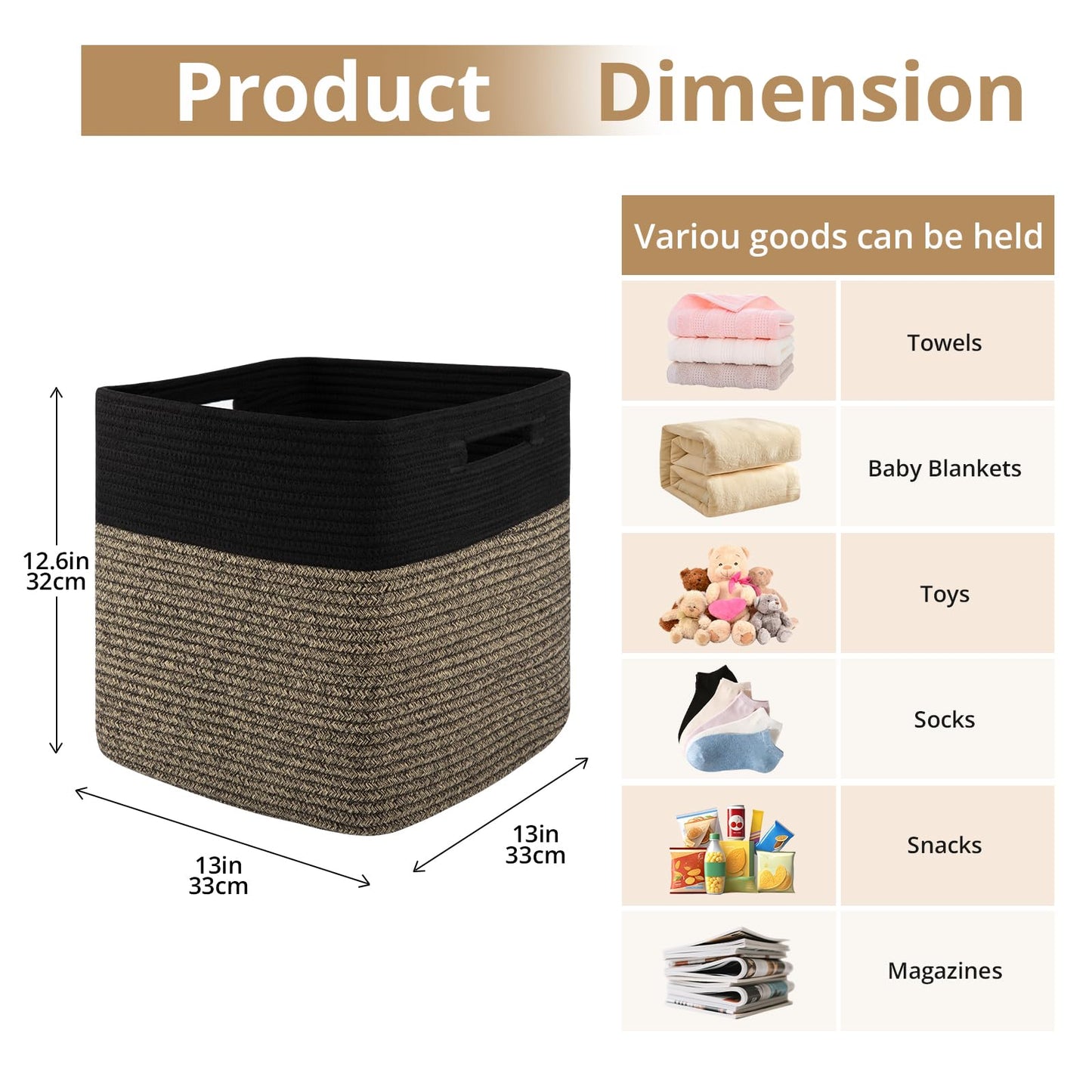OIAHOMY - Cestas tejidas de cuerda de algodón para organizar 3 unidades de 13 x 13 x 12.6 pulgadas, cestas rectangulares de almacenamiento para ropa, cestas de almacenamiento para niños, sala de