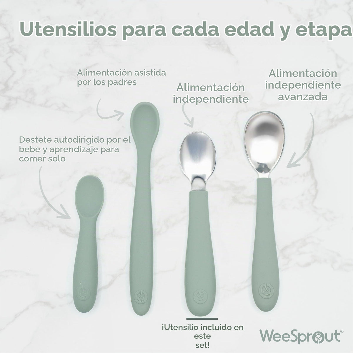 WeeSprout - Utensilios para niños pequeños, 3 tenedores y 3 cucharas, acero inoxidable 18/8 y silicona de grado alimenticio, asas gruesas de fácil agarre, longitud perfecta para nuevos