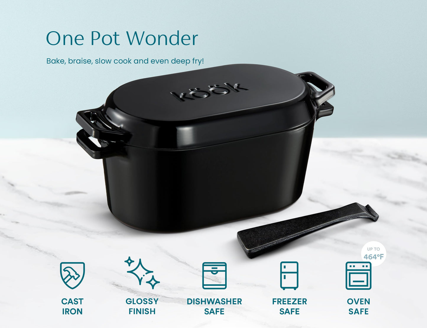 KooK - Horno holandés, para hornear pan, sartén de masa madre, con tapa, asas duales, hierro fundido esmaltado, incluye palanca de tapa, apto para lavaplatos, 3.4 cuartos de galón, negro