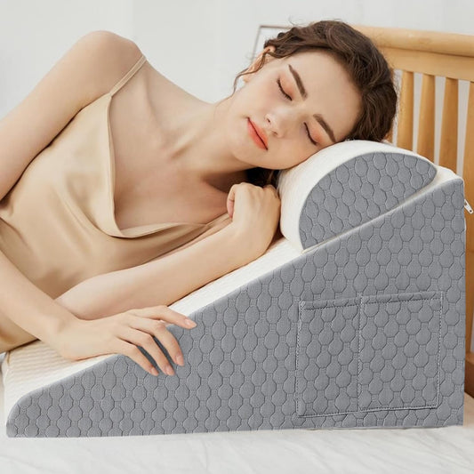 Almohada Antireflujo Adulto, Almohada de Cuña para Cuña |Algodón de Silicona Mejorado| Almohada Triangular con 2 Bolsillos y 1 Almohada para el Cuello,Apoya y alivia el dolor corporal y Reflujo Ácido