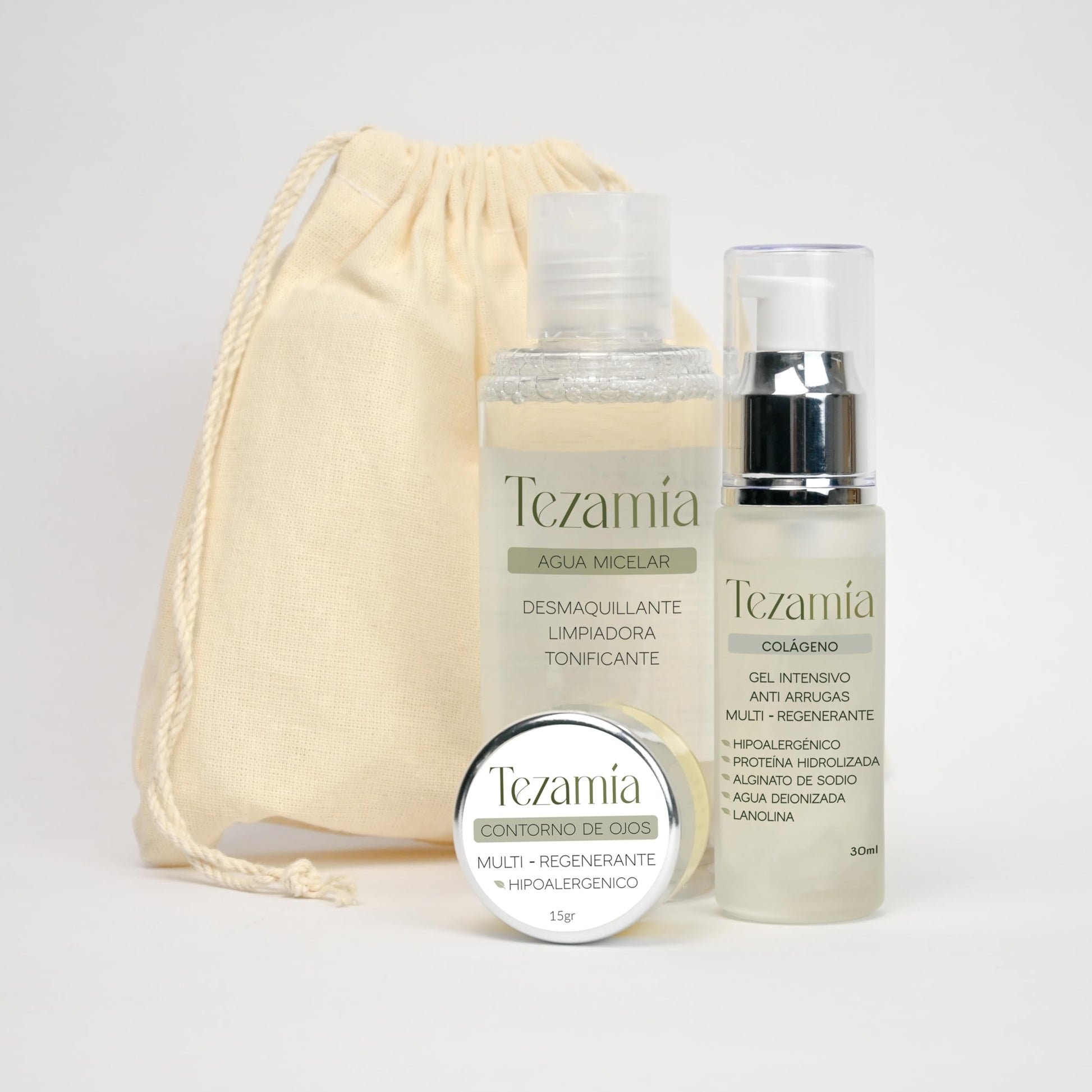 Tezamía | Kit de Belleza Completo - Rutina de Skincare con Contorno de Ojos, Agua Micelar y Sérum Antiarrugas con Colágeno - Hidratación, Limpieza y Reducción de Arrugas (3 Piezas)