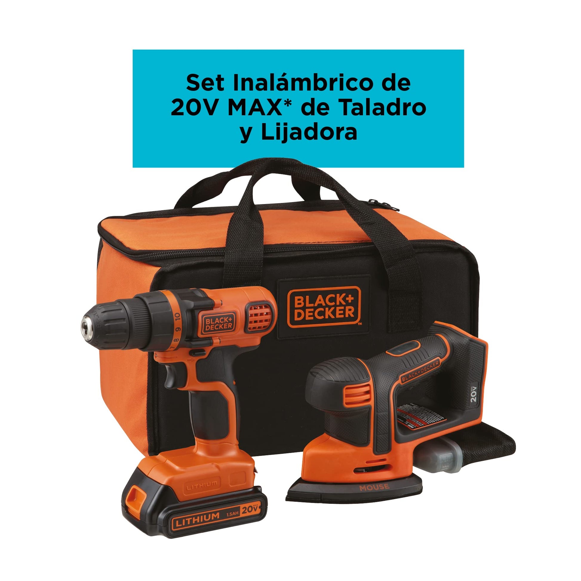 BLACK+DECKER Kit Taladro y Lijadora inalámbrico 20V MAX con Bolsa de almacenamiento LD120SB