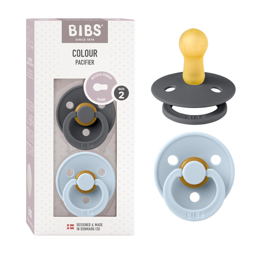 BIBS Chupones Colour Pack de 2, Tetina redonda de látex natural, Talle 2, Color Iron/Baby Blue, 6 a 18 meses, Hecho en Dinamarca