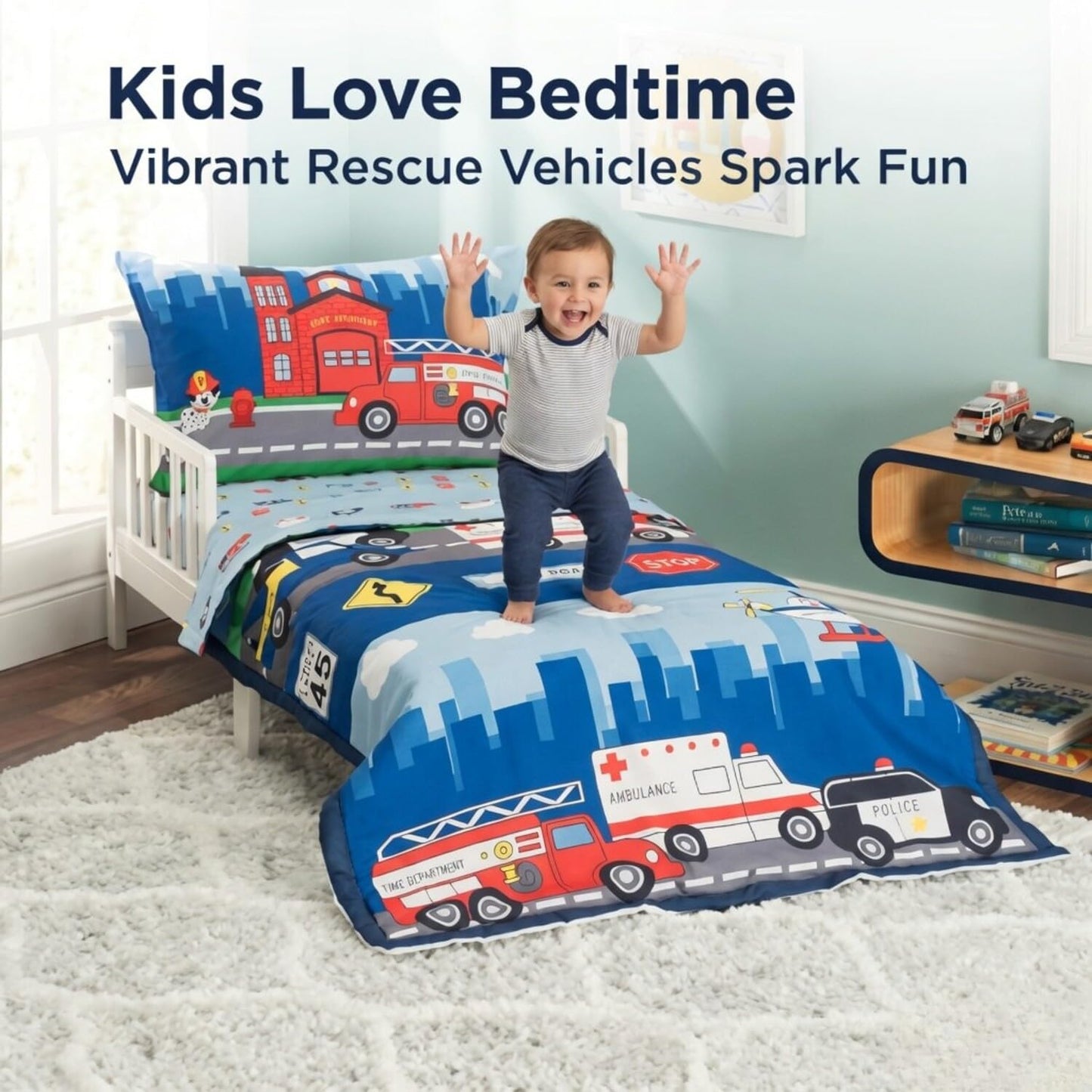 EVERYDAY KIDS - Juego de ropa de cama de 4 piezas para niños pequeños, incluye edredón, sábana encimera, sábana bajera y funda de almohada reversible