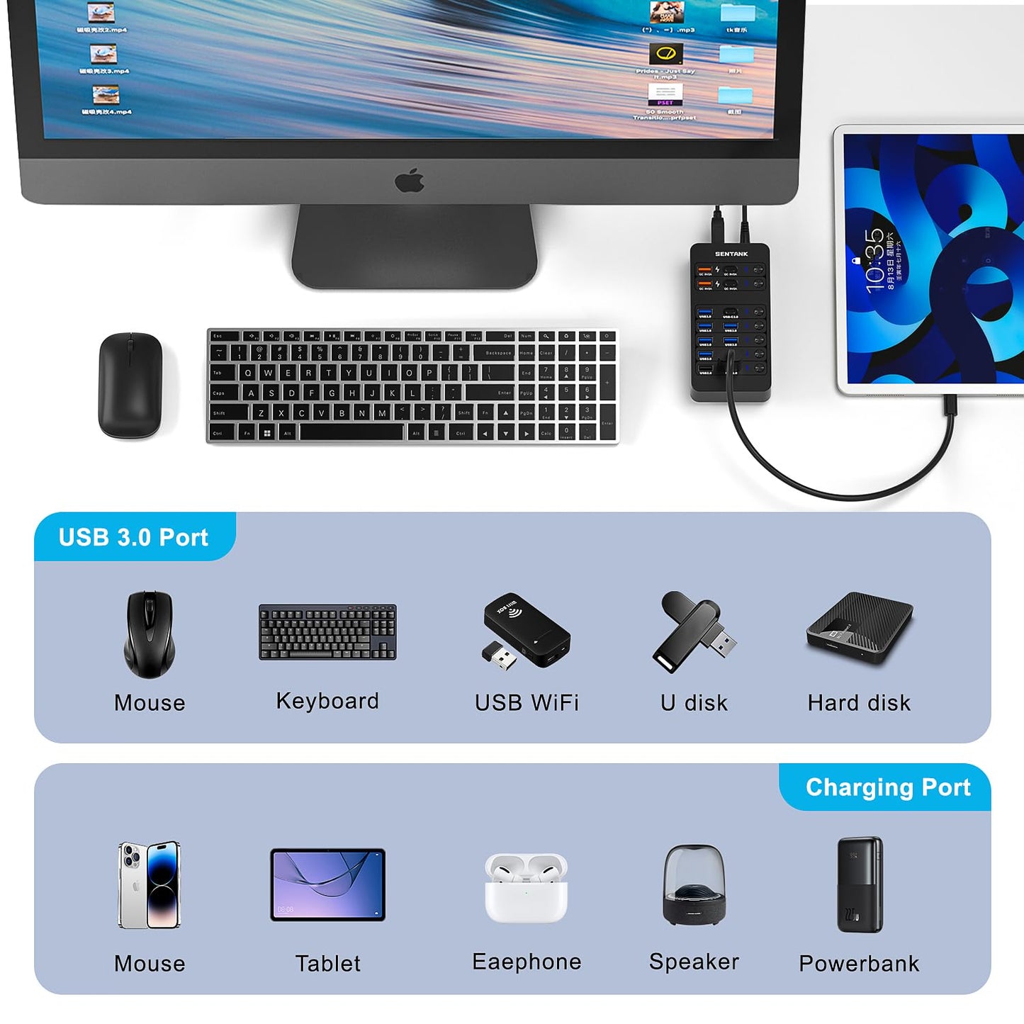 Hub USB SENTANK Negro con 14 Puertos y Carga Rápida