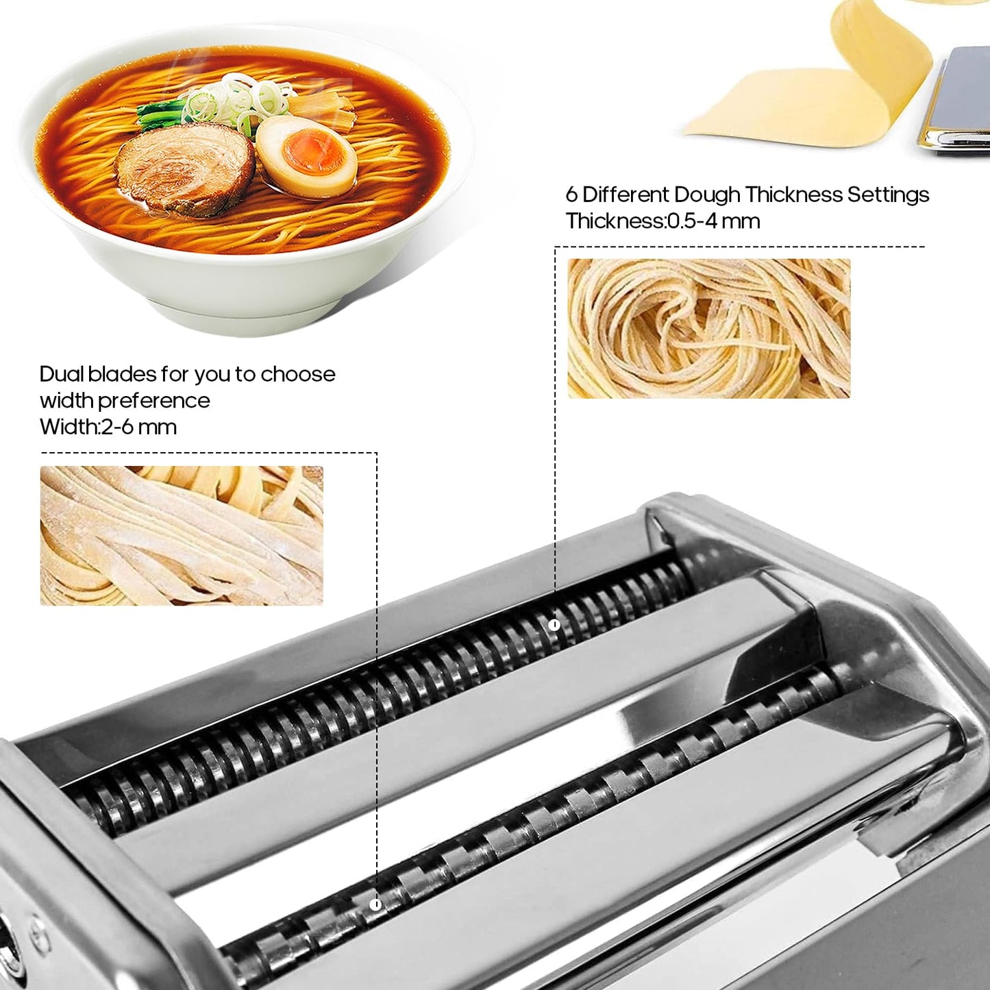 JEMUON Maquina para Hacer Pasta, Maquina para Pasta Con 9 Espesores y 2 Anchos Ajustables, Maquina para Pasta Fresca, Maquina de Pasta Cabezal Cortador para Espaguetis, Fideos, Vermicelli, Dumpling