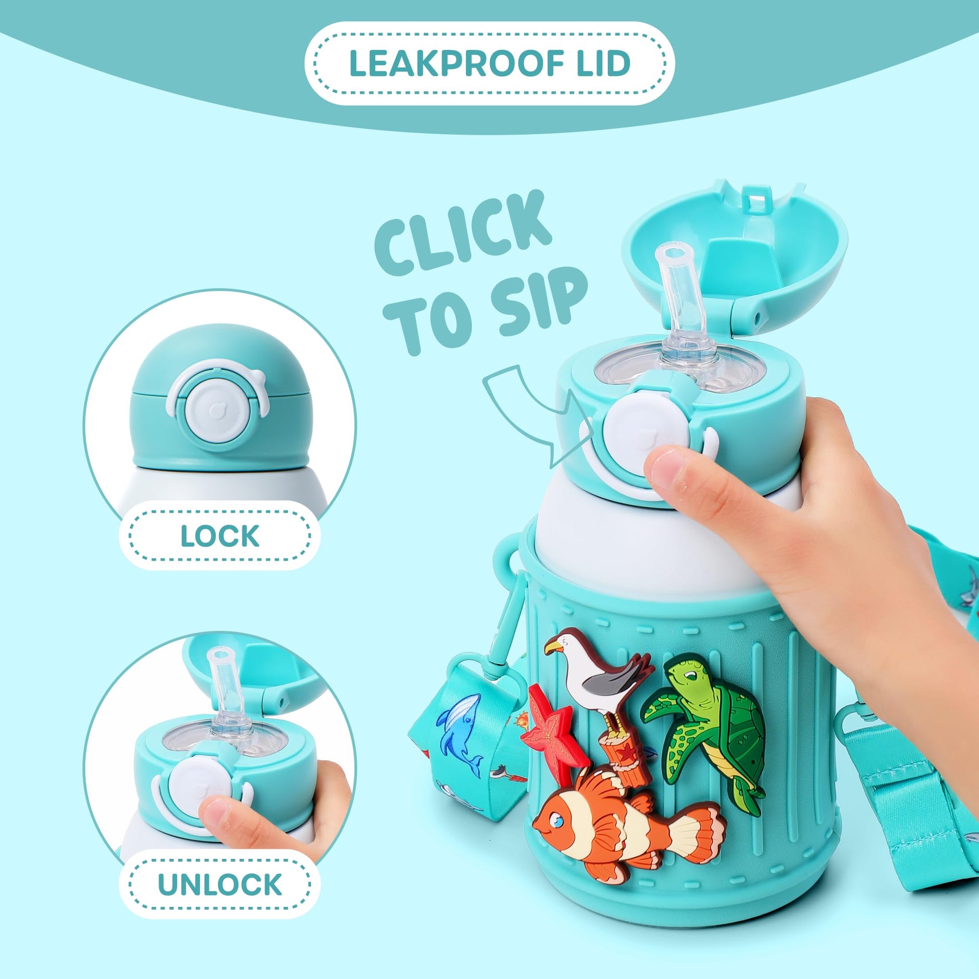 Le Glacier - Juego de vasos aislantes para niños, 16 onzas, botella de agua de acero inoxidable con tapa de popote y tapa para verter, taza a prueba de fugas, funda de silicona, dijes y correa