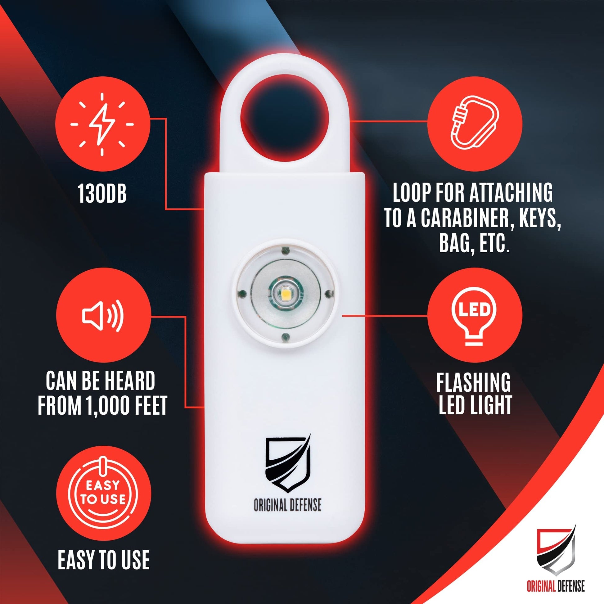 Alarma de Autodefensa Original Defense Blanco 130 dB con Luz Estroboscópica LED para Mujer