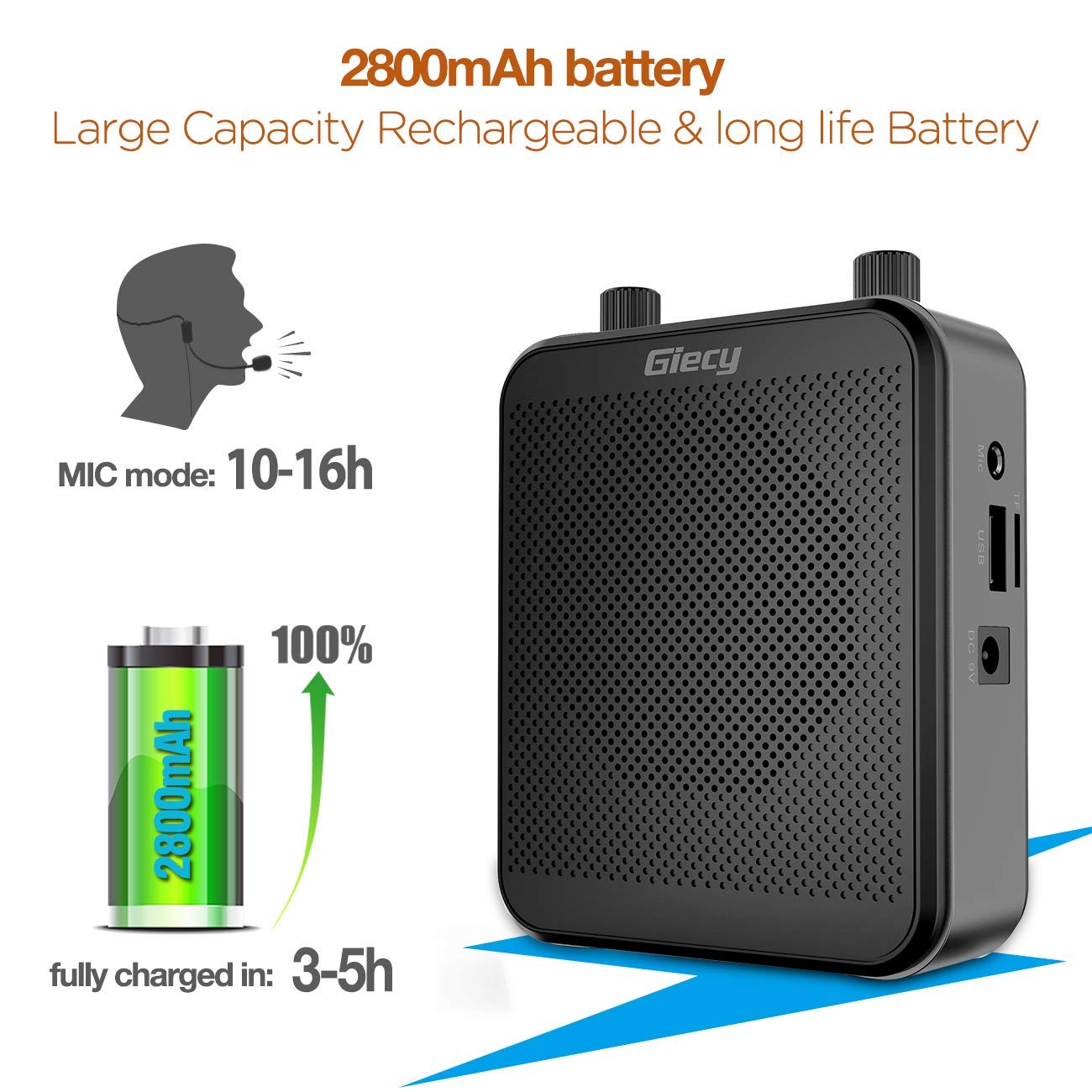Giecy - Amplificador de Voz Personal, Amplificador de Voz portátil, 30 W, 2800 mAh, Sistema PA Recargable para múltiples ubicaciones, Aula, reuniones y Exteriores