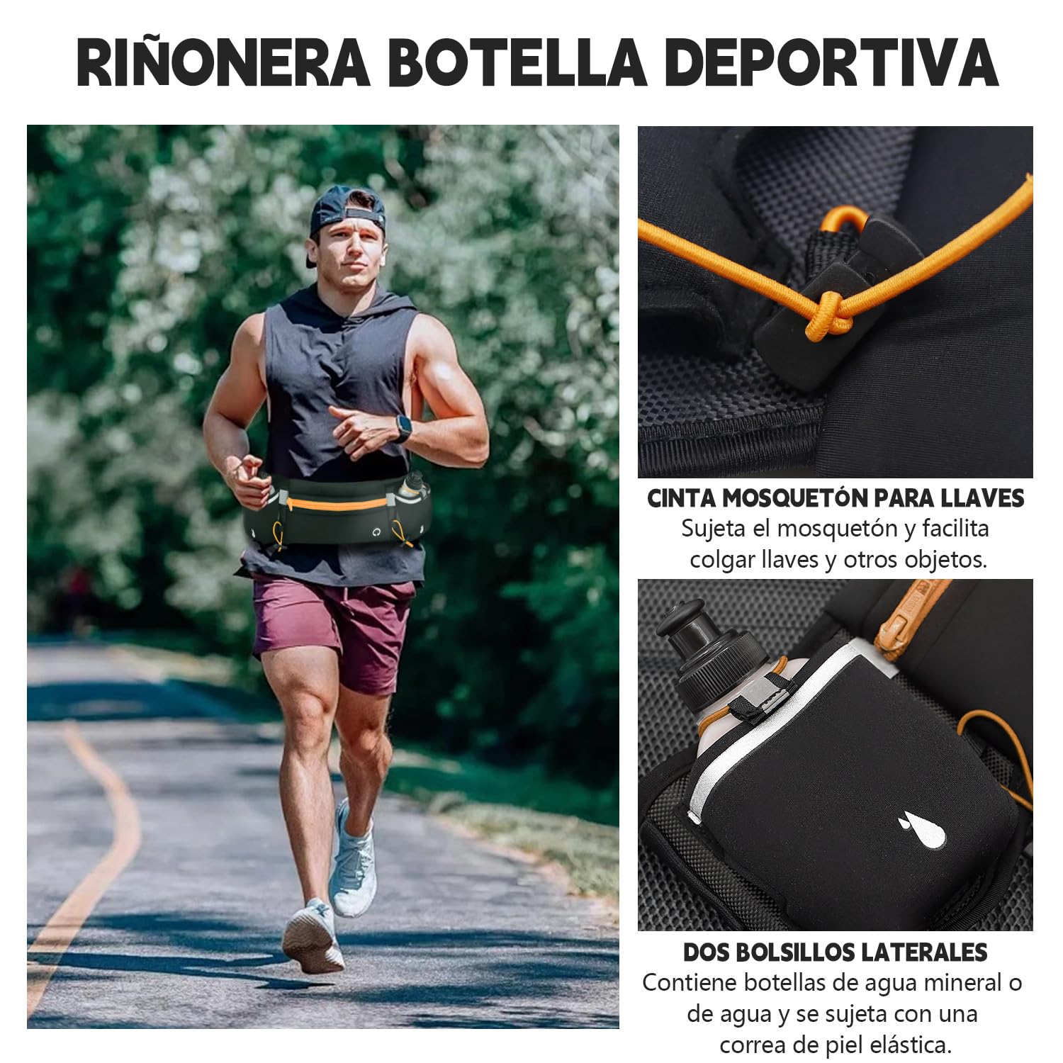 Cangurera Deportiva, Riñonera Deportiva con 2 Botellas de Agua, Riñonera Impermeable Reflectante con Cinturón Regulable, Ideal para Ciclismo, Correr, Deportes al Aire Libre. (1, naranja, Medium)