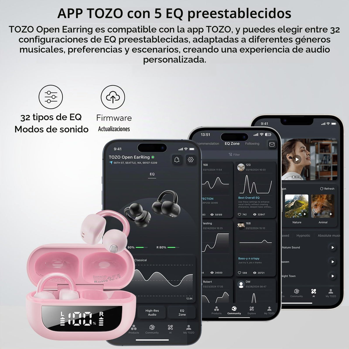 Auriculares Abiertos TOZO OpenEarRing Azul Ligero Bluetooth 5.4 40H