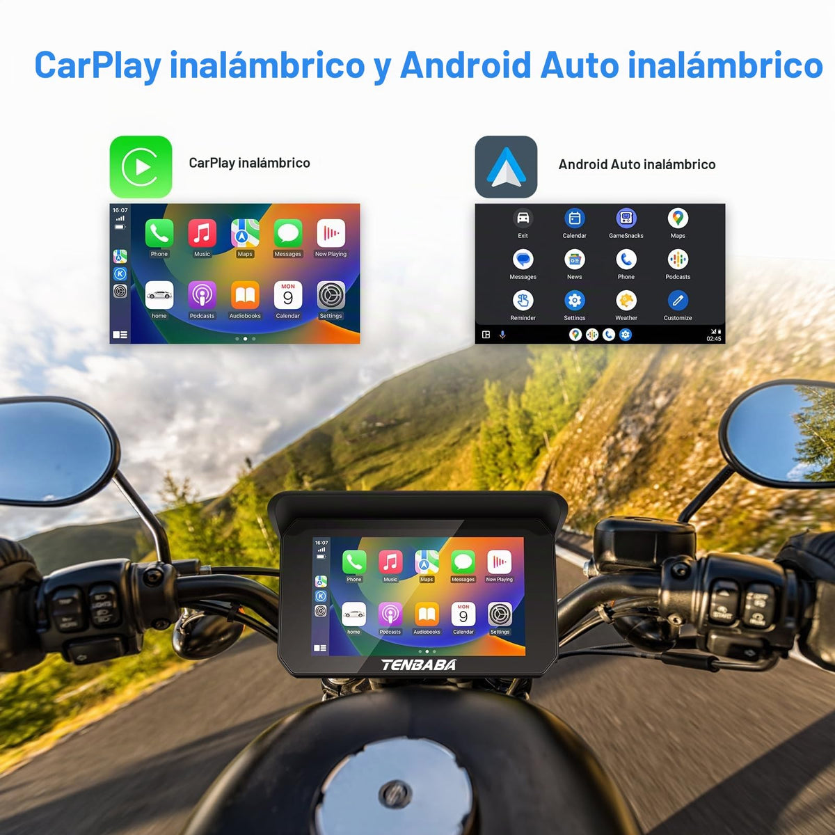 Cámara Tenbaba Negra con CarPlay y Android Auto para Motocicleta