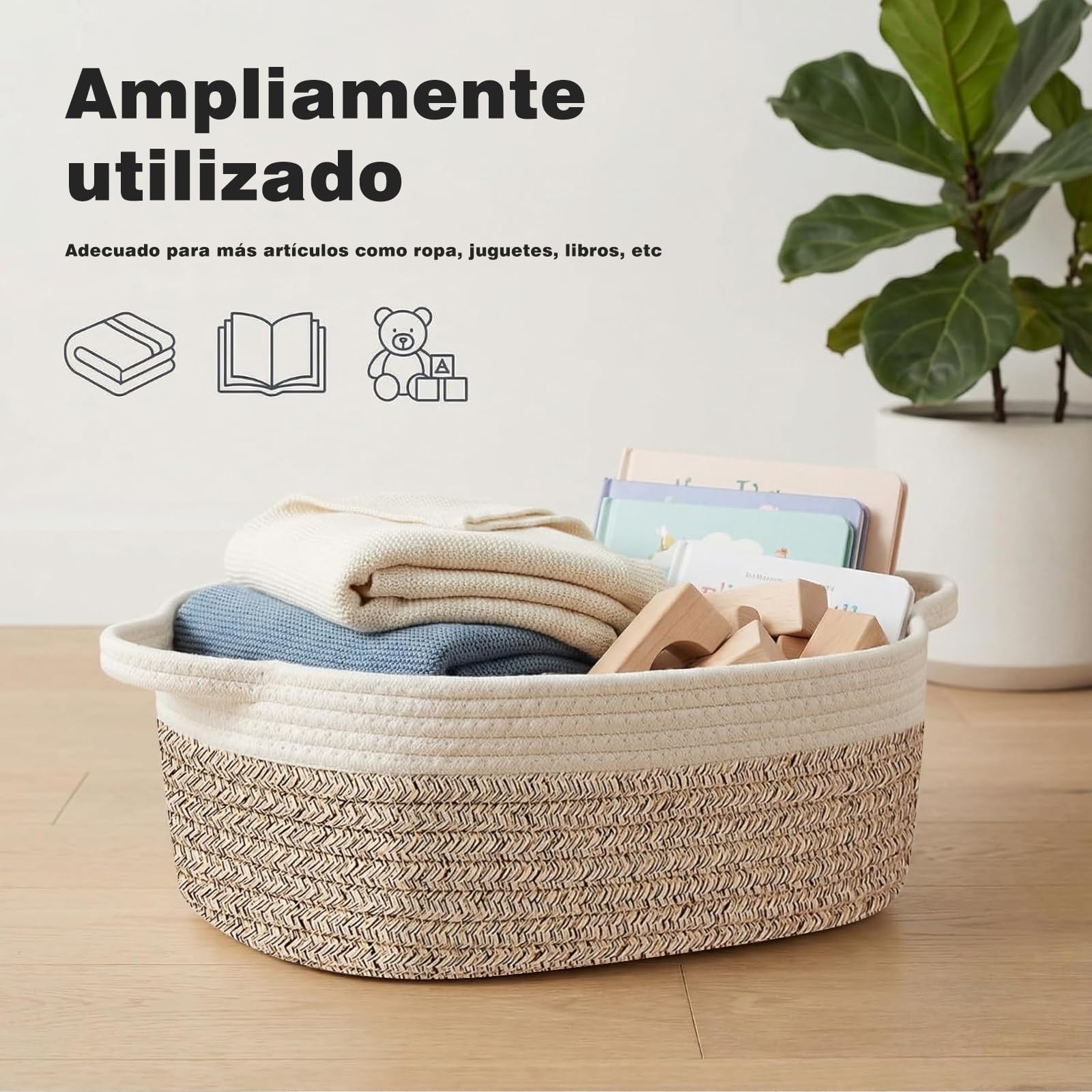 NUIO 5 Piezas Canastas Organizadoras Rectangulares de Algodón Natural con Asas, Caja Cestas de Almacenamiento,Ideal para Baño, Juguetes Infantiles, Clóset, Maquillaje y Organización del Baño (caqui)