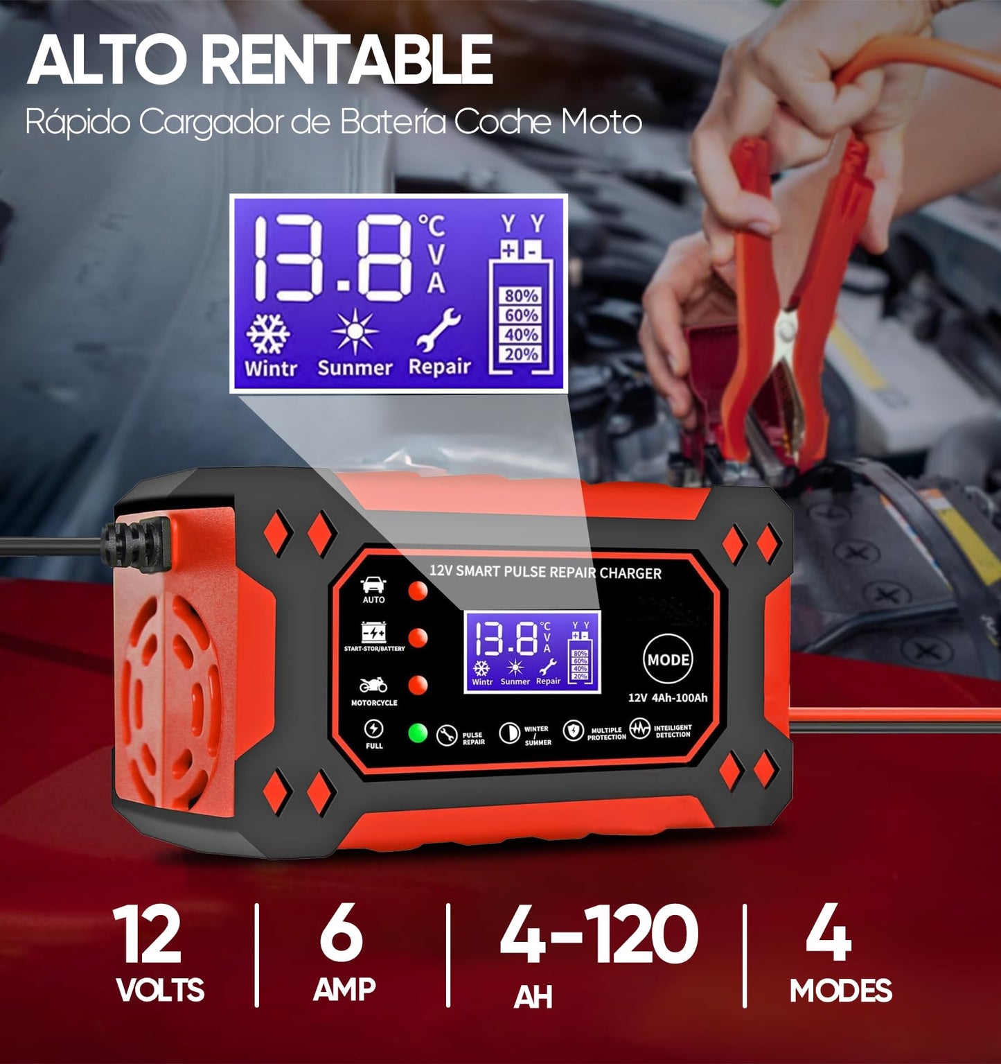 Cargador de Bateria de Auto 12V 6A,Portatil Cargador de Baterías Automático Coche Moto SUV,LCD Pantalla,Múltiples Protecciones,Ajuste Inteligente de Corriente para Cargar y Proteger Batería,ATVs,RVs
