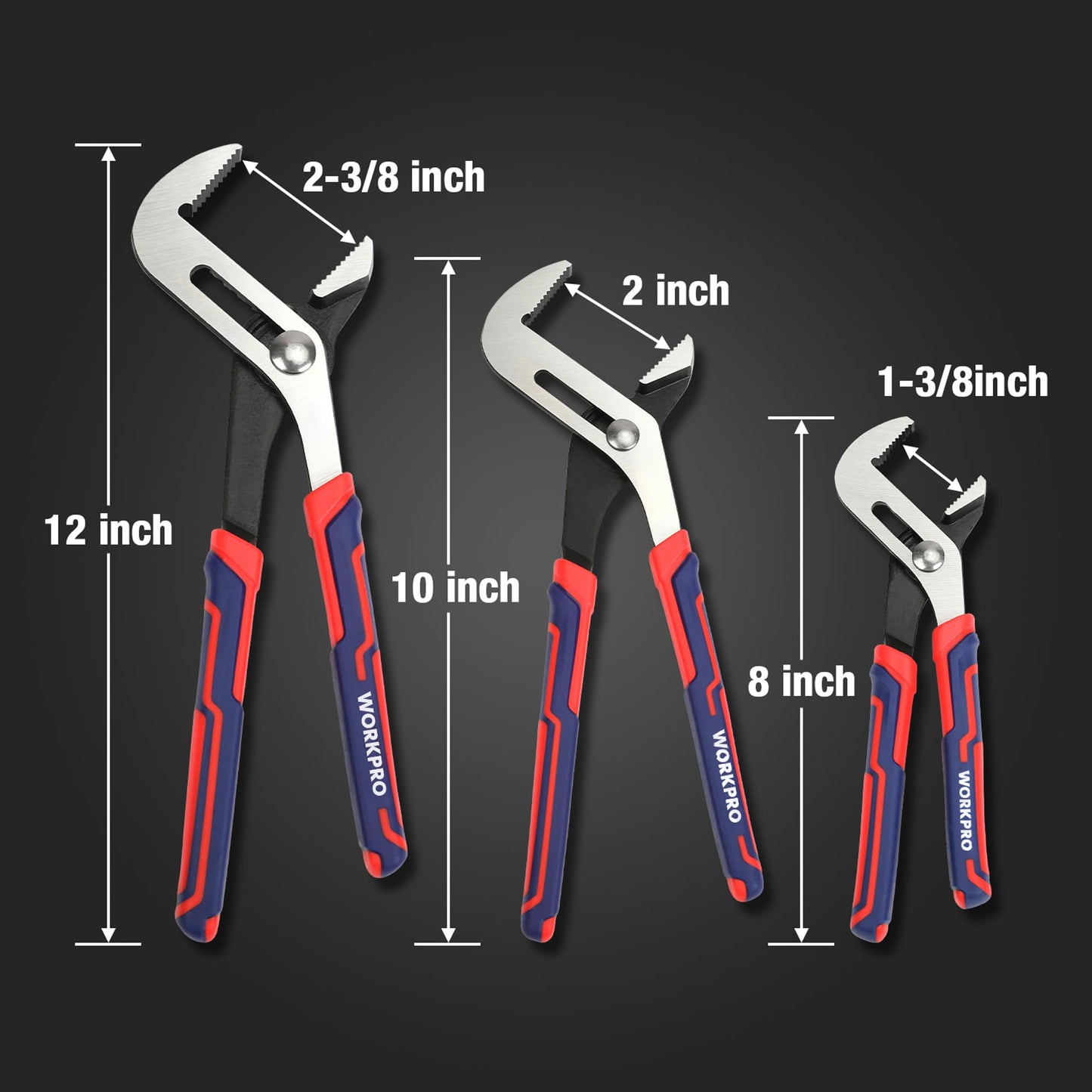 WORKPRO Juego de 3 alicates ajustables de 12/10/8 pulgadas, alicates de mandíbula recta en acero CRV para reparación del hogar, agarre, tuercas, pernos, tuberías y accesorios