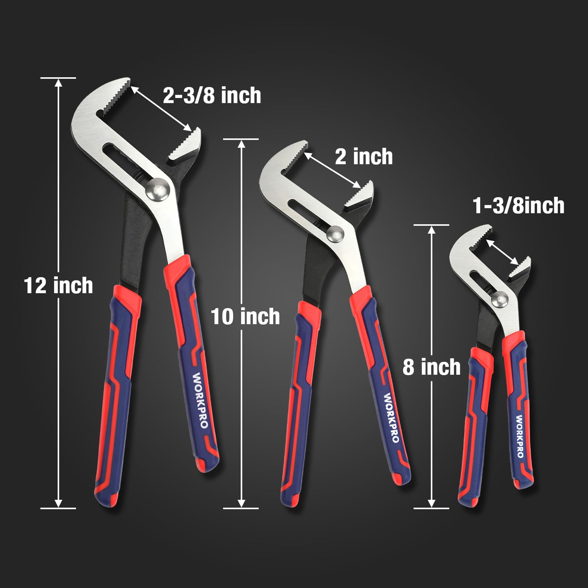 WORKPRO Juego de 3 alicates ajustables de 12/10/8 pulgadas, alicates de mandíbula recta en acero CRV para reparación del hogar, agarre, tuercas, pernos, tuberías y accesorios