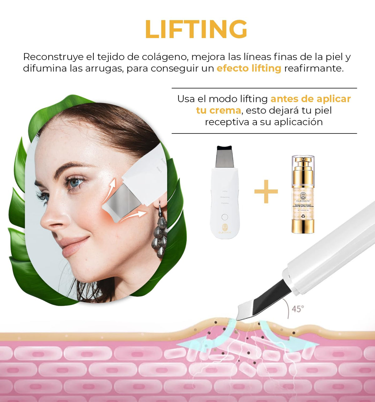 CLEOSKIN. Espátula Peeling Ultrasónico. Exfoliación, depurador facial de poros. Incluye 2 fundas de silicona para limpieza facial. Skin scrubber, elimina células muertas de la piel, skincare, belleza.