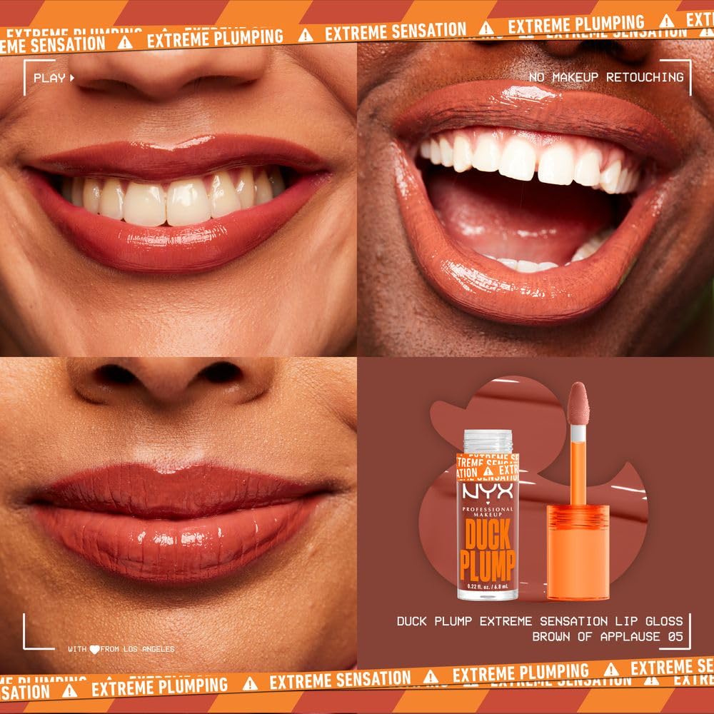 NYX Professional Makeup, Duck Plump, 7ml. Tono: Brown of Applause (rojo). Brillo labial voluminizador con efecto plumping para un volumen instantáneo. Gloss infusionado con jengibre picante para un volumen visible y de larga duración. Fórmula vegana.