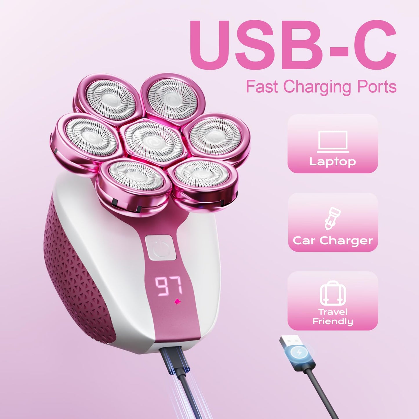 TogBeut Afeitadora eléctrica 7D para hombres calvos, con pantalla LED, para uso en seco y húmedo, kit profesional 5 en 1 para cabello, rostro y barba (rosa)