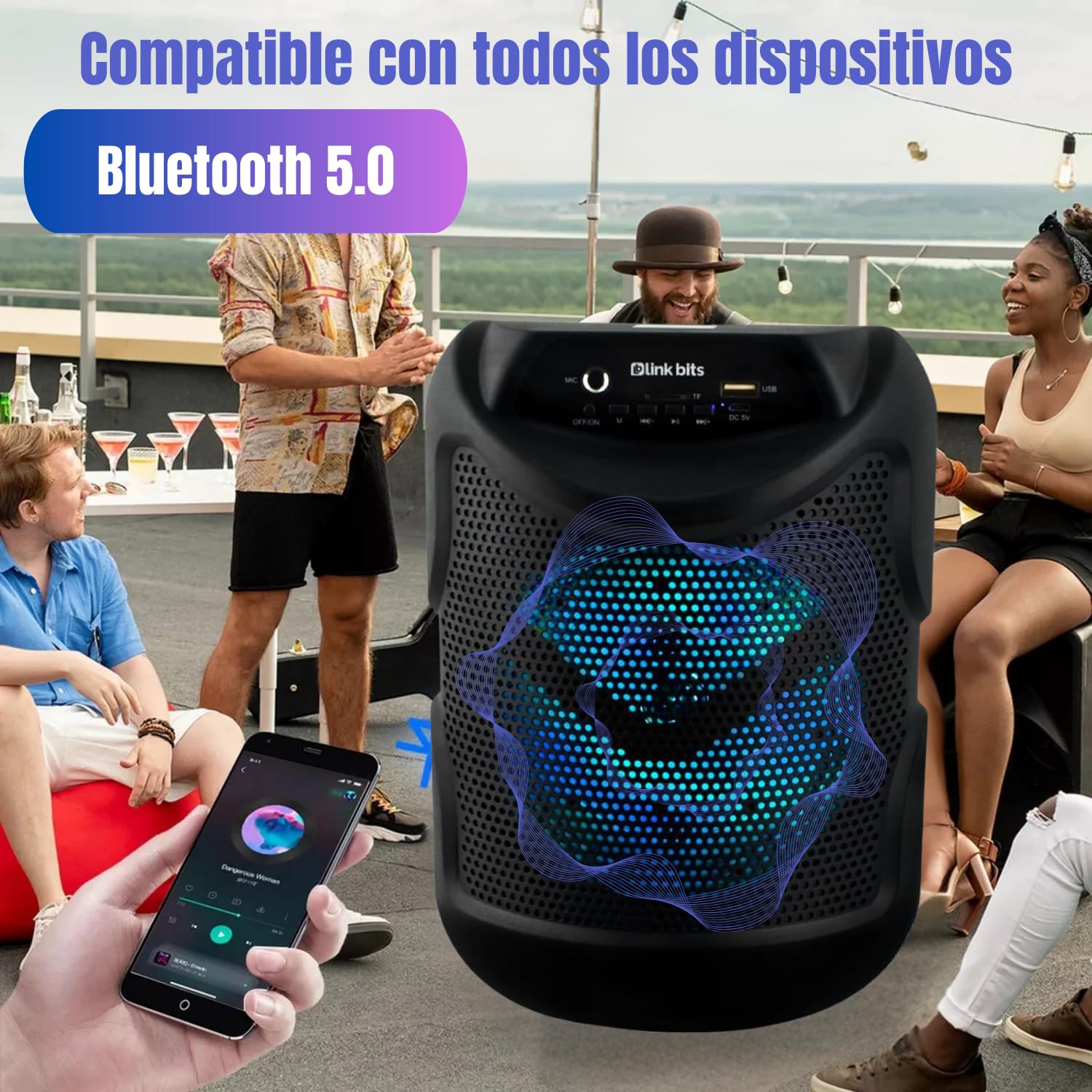 LINK BITS SA693T Bocina Bluetooth 6.5 Pulgadas, Radio FM Altavoz Inalámbricos Portátiles, Graves Potentes, Tarjeta TF, Reproducción USB, bafle Karaoke para Fiesta con Luz Led, Recargable Speaker.