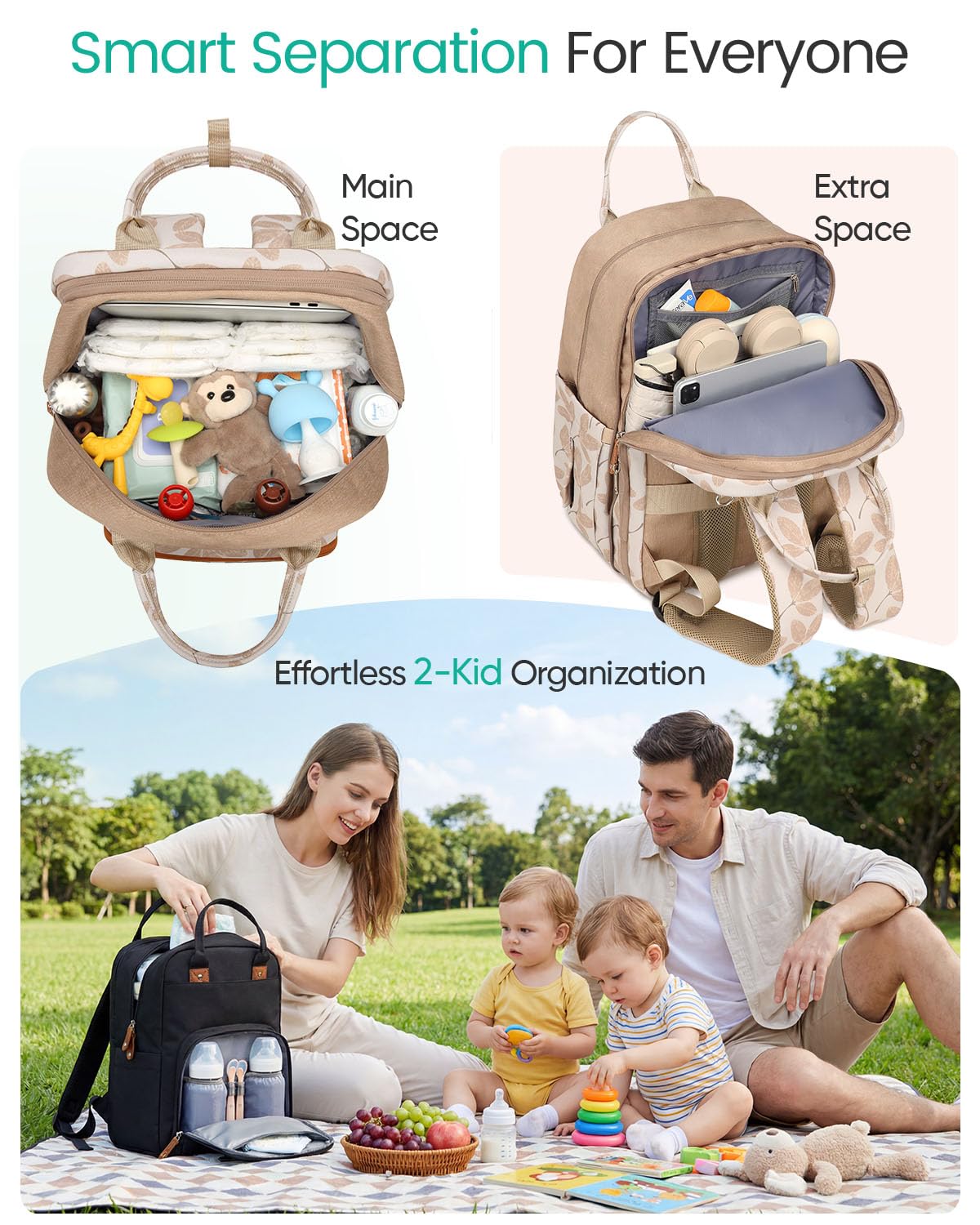 Qualyphant Mochila para pañales extragrande para dos niños, expandible, de 35 l, para mamá, niña, niño, papá, niño pequeño, bolsa grande para pañales de viaje, 21 bolsillos (4 aisl Hoja de color caqu