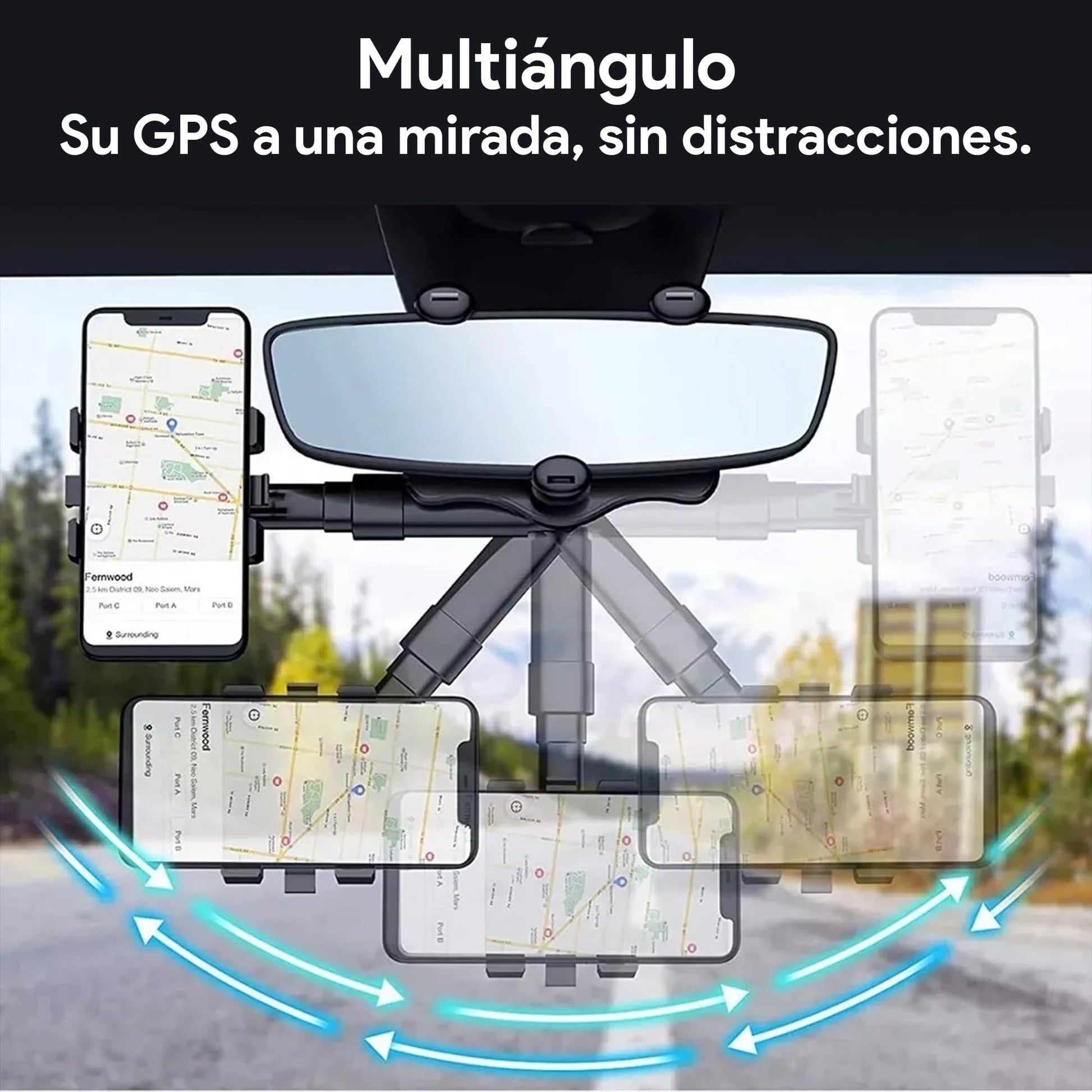 Bytebits Soporte de Retrovisor de Coche Base para Celular Multi ángulo con Rotación de 360 Grados Multi posición Horizontal y Vertical para Espejo de Automóvil Universal