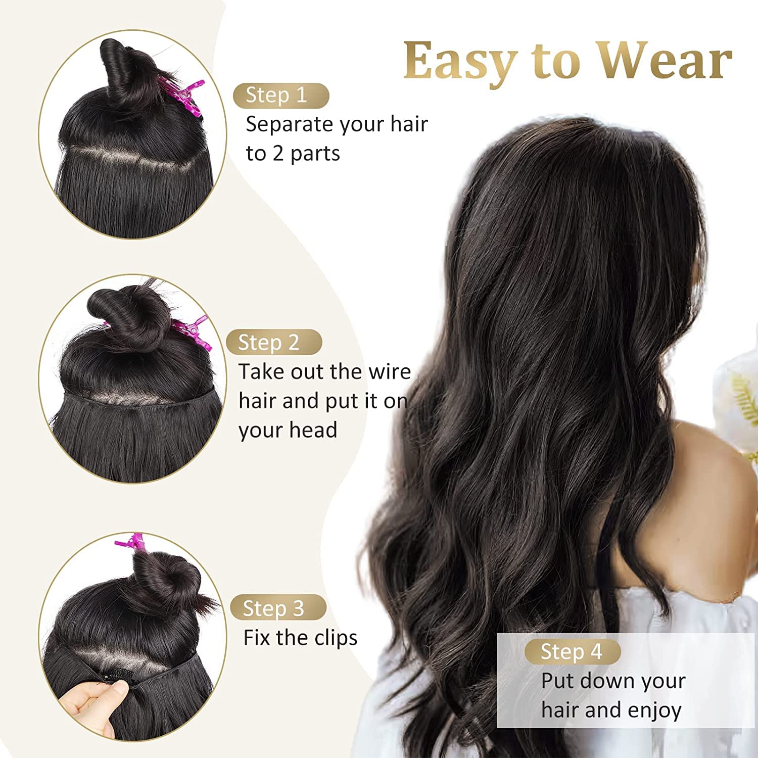 Slzhds Extensiones de Cabello Natural Ondulado, Extensión de Liga, Extensiones de Cabello Ondulado, Extensiones Halo con Diadema Invisible, 3/4 Cabeza Completa Ondulada Extensiones Cabello con Clip Seguros Extraíbles, Tamaño Ajustable, Resistente al Calor