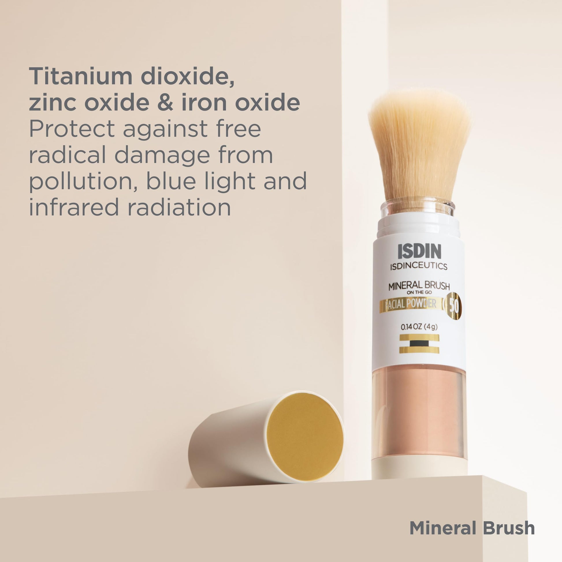 ISDIN Polvo de cepillo mineral, contaminación facial y protección de luz azul, un complemento para tu rutina de cuidado solar, adecuado para pieles sensibles, 4g