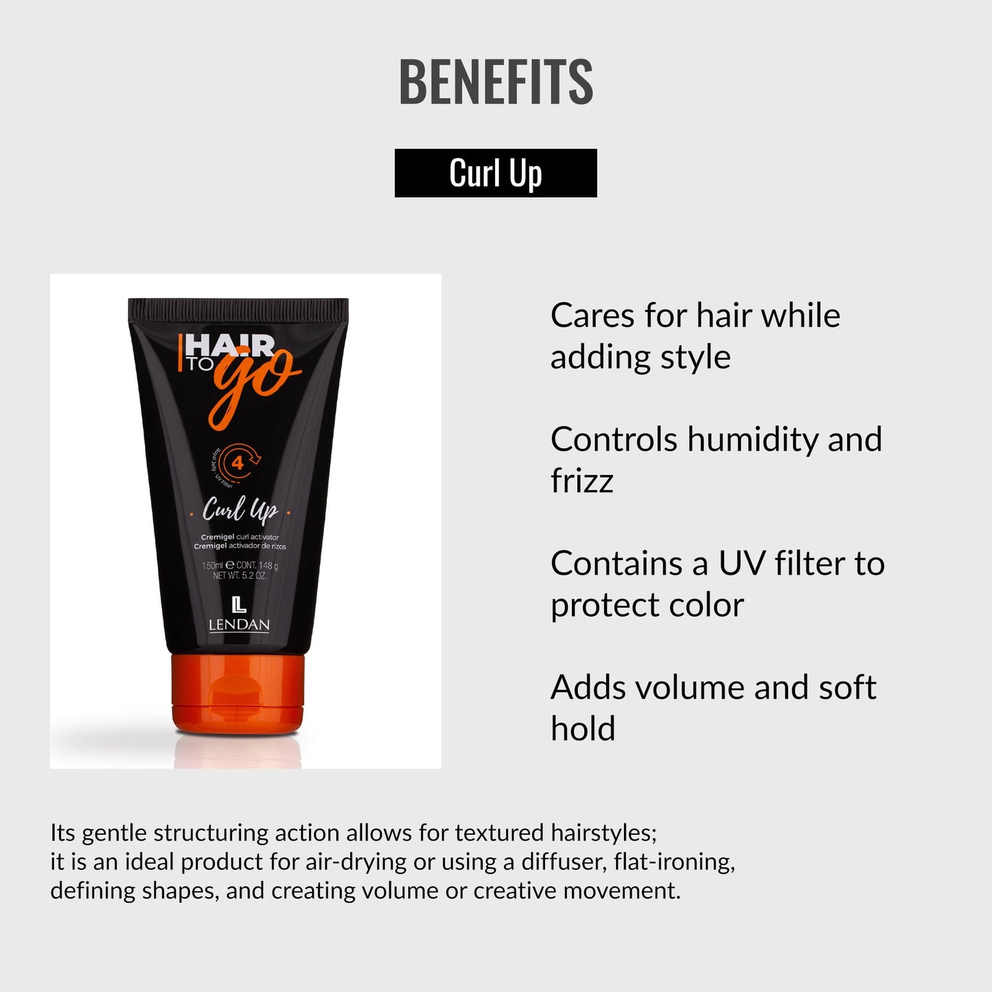 Lendan - Activador de Rizos - Curl Up Curls - 150 Ml - Con Miel y Jalea Real - Rizos Naturales e Hidratados - Controla la Humedad y el Frizz - Protege el Color del Cabello