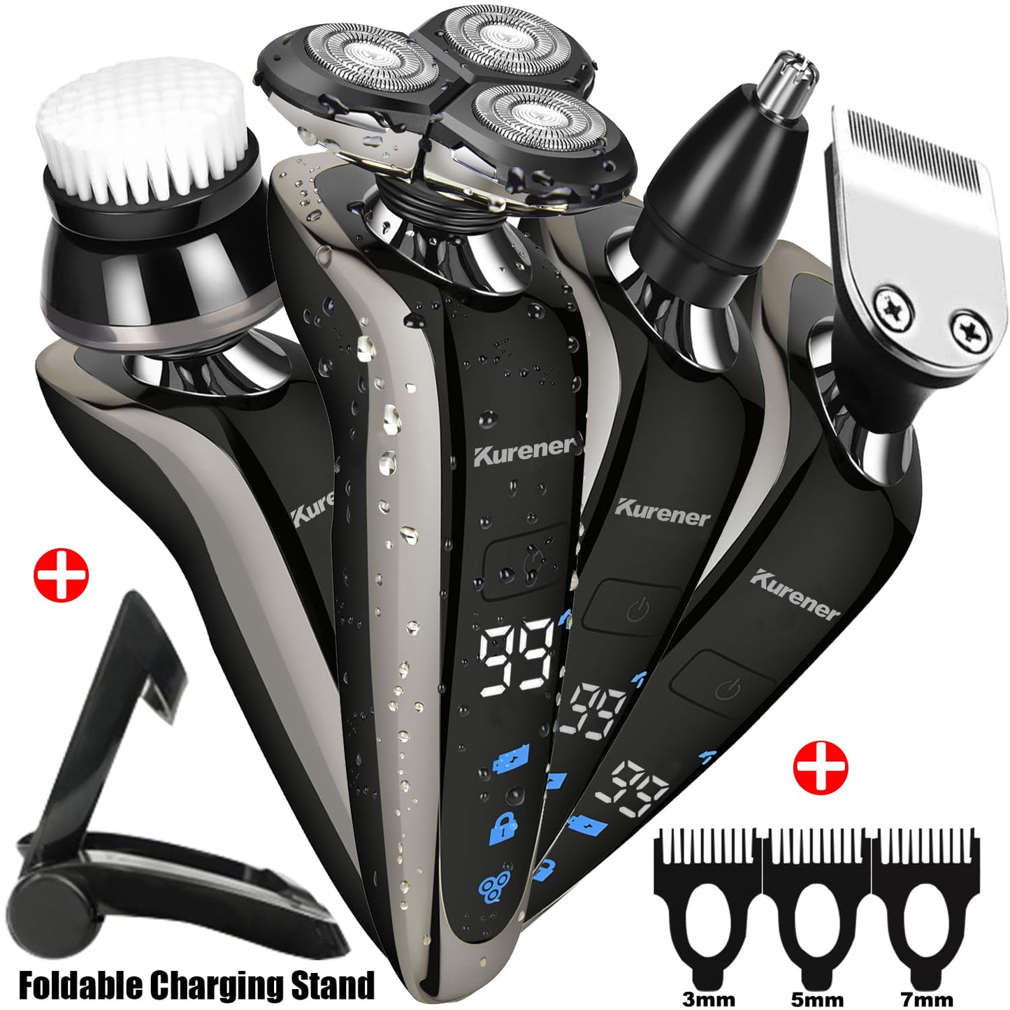 Kurener Electric Shaver Razor Beard Trimmer Rotary Shaver Rotation razor Full body water wash razor Wet/Dry Rechargeable Waterproof