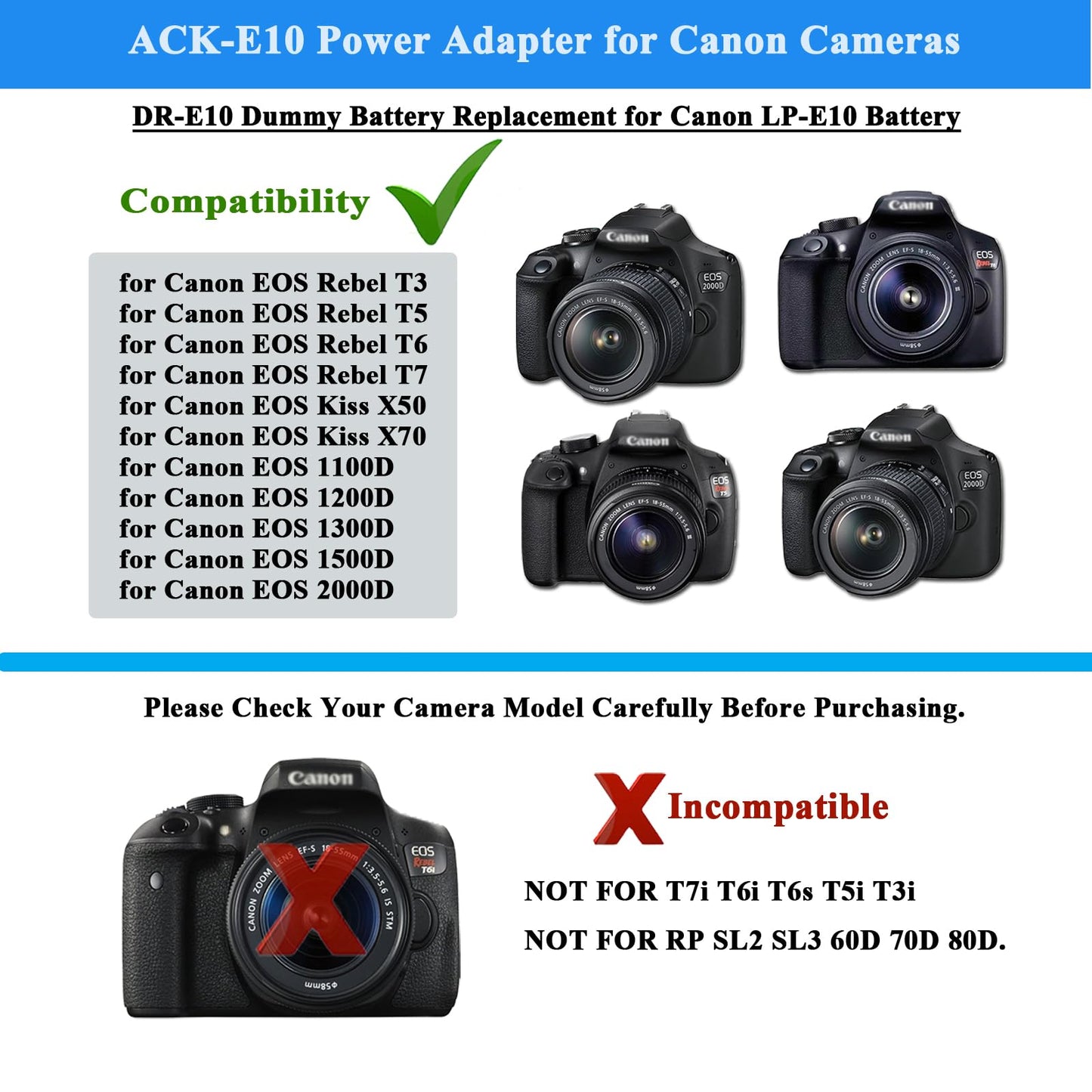Partstec ACK-E10 AC Power Adapter and DR-E10 Camera Battery Charger Kit (Canon LP-E10 Battery Replacement) for Canon EOS Rebel T5i, T4i, T3i, T2i, 700D