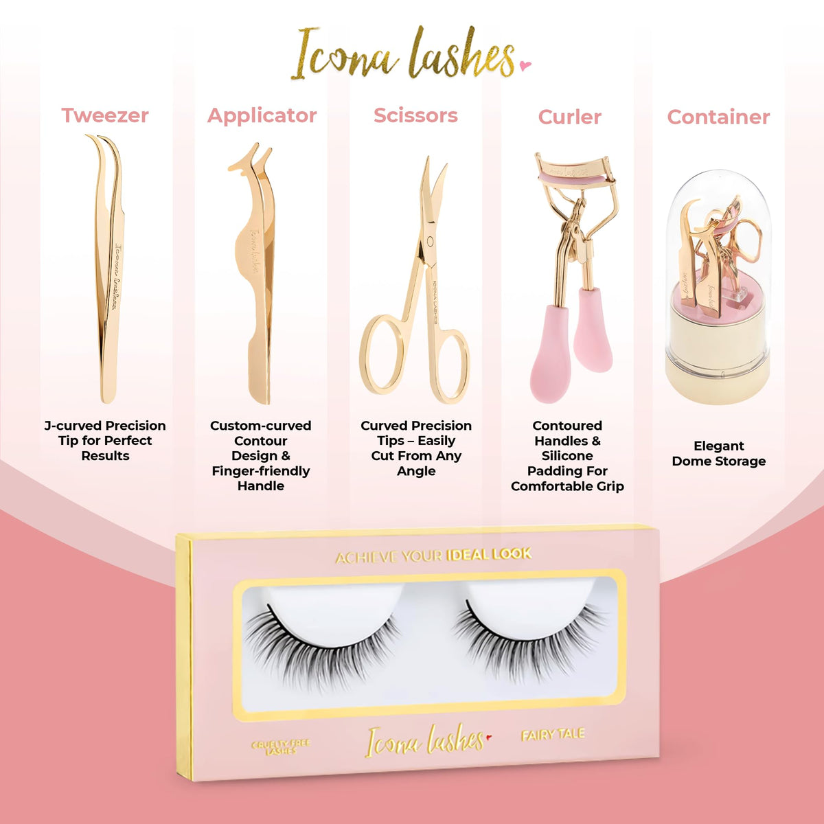 False Eyelash Tool Kit || Lash Applicator, Tweezers, Scissors & Lash Curler || 24k Gold Plated Surgical Grade Stainless Steel || 4 Tools, Beautifully Gift Boxed by Icona Lashes