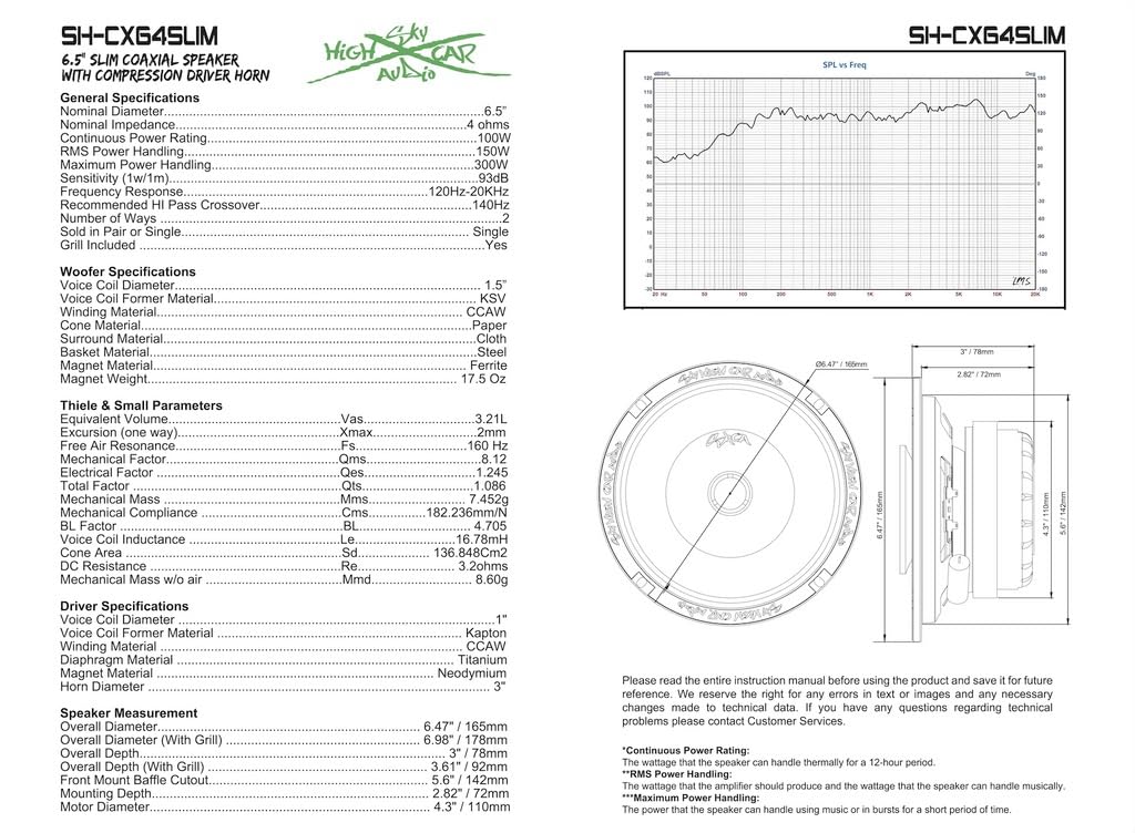 Altavoz Coaxial Delgado Sky High Car Audio SH-CX64SLIM 6.5 Pulgadas con Bocina de Driver de Compresión