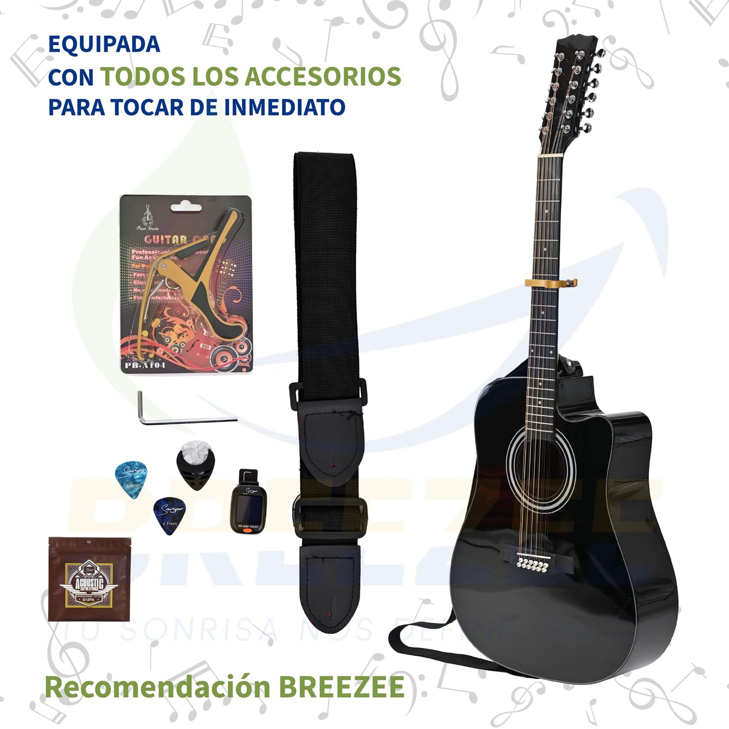 BREEZEE Guitarra Acústica Docerola de 42 Pulgadas, Guitarra de 12 Cuerdas, Incluye Kit de Accesorios, Funda Transportadora, Capo, Correa, Plumillas, Afinador y Más, Guitarra De Abeto Resistente