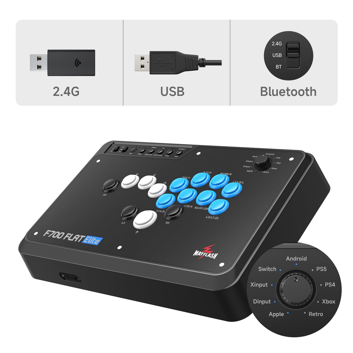 Controlador Arcade Sin Palanca MAYFLASH F700 Negro con Botones Sanwa Compatible con PS5, PS4, PC, Xbox Series S/X y Switch con Soporte Bluetooth, 2.4G y Cableado