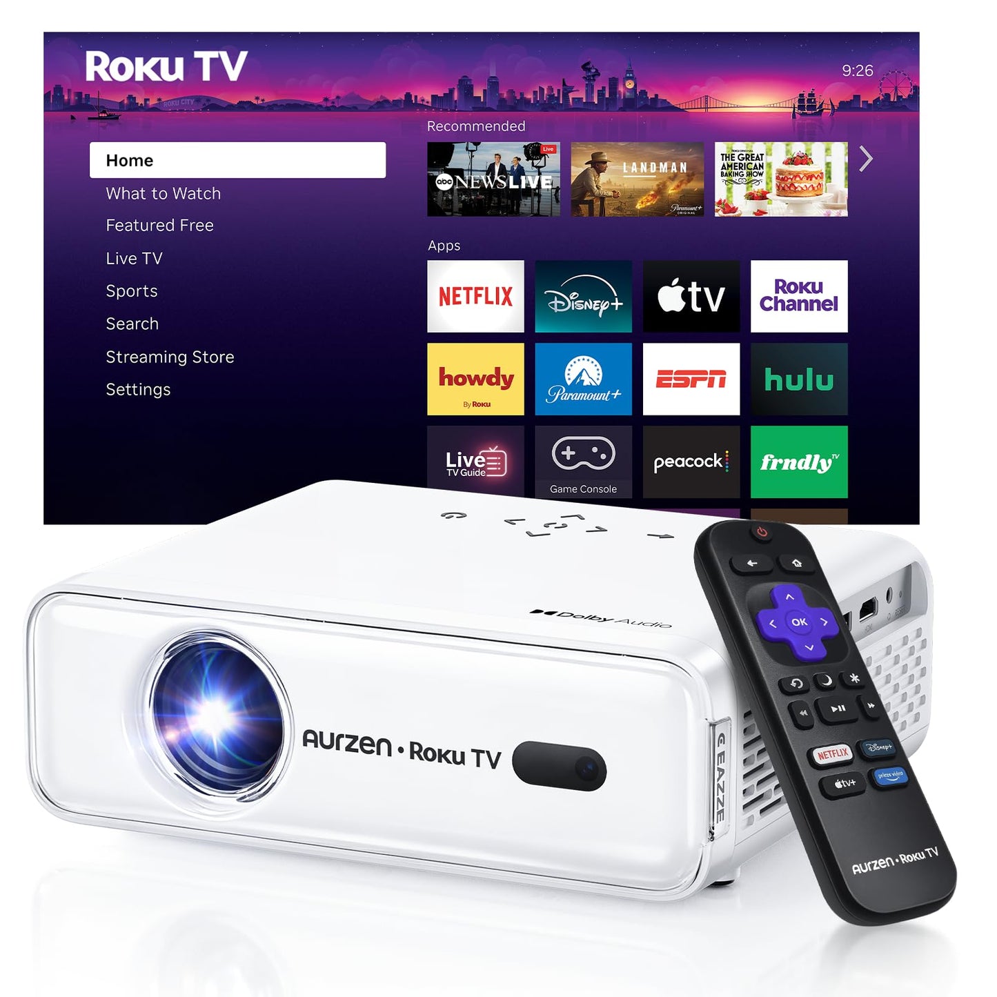 Aurzen Roku Proyector de TV para dormitorio, Roku Streaming Experience incorporado