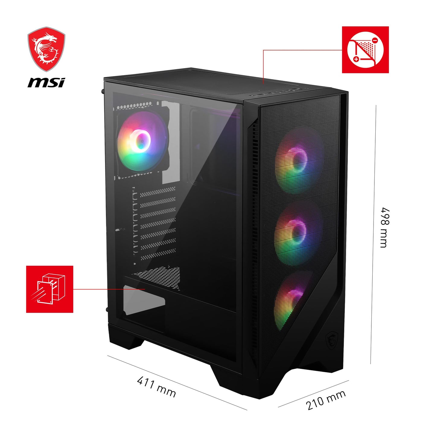 MSI Gabinete mag Forge 120A Airflow con Ventana RGB, Midi-Tower, ATX/Micro-ATX/Mini-ITX, USB 3.2, sin Fuente, 6 Ventiladores RGB Instalados, Negro