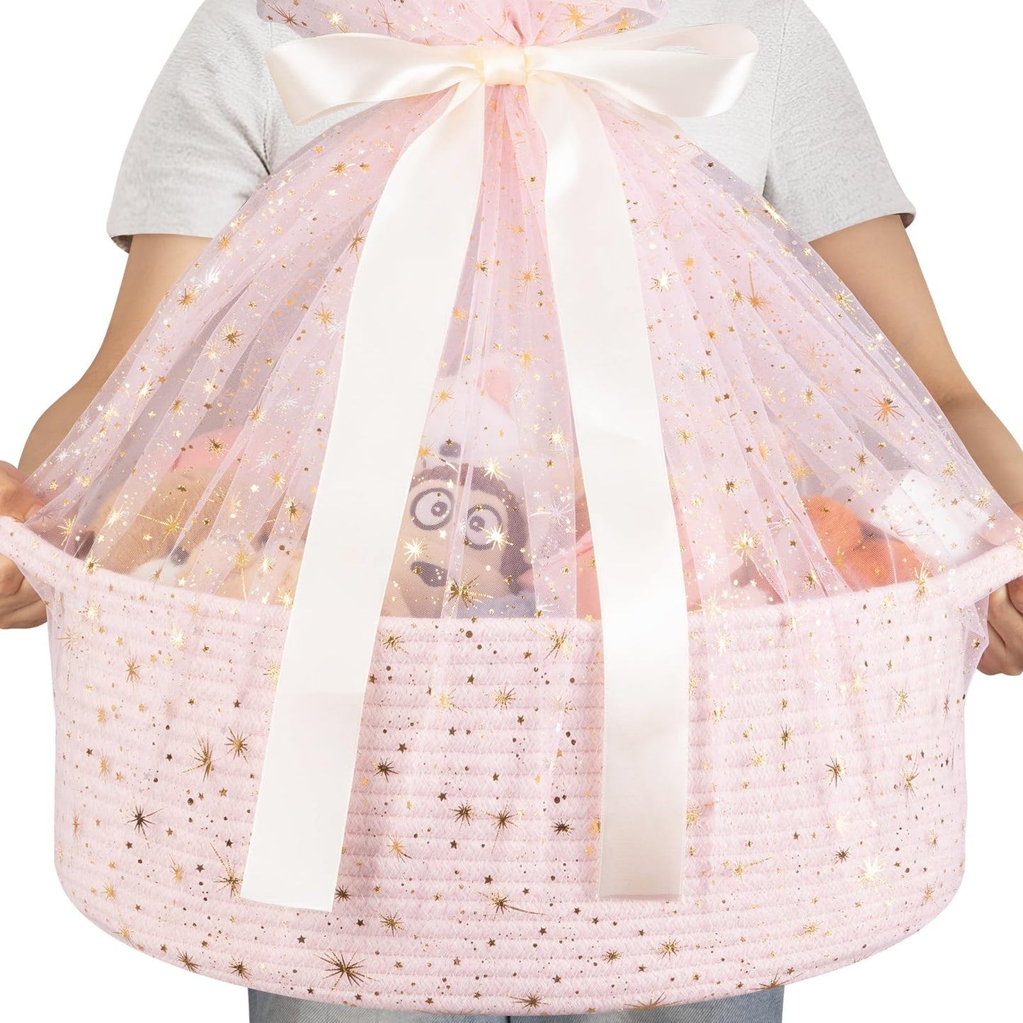 OIAHOMY Cesta de regalo grande con asa, cesta tejida de 17 x 12.6 x 7 pulgadas con bolsa de regalo, cinta, contenedores de almacenamiento de guardería vacía para llenar con toallas, bebé, organizador