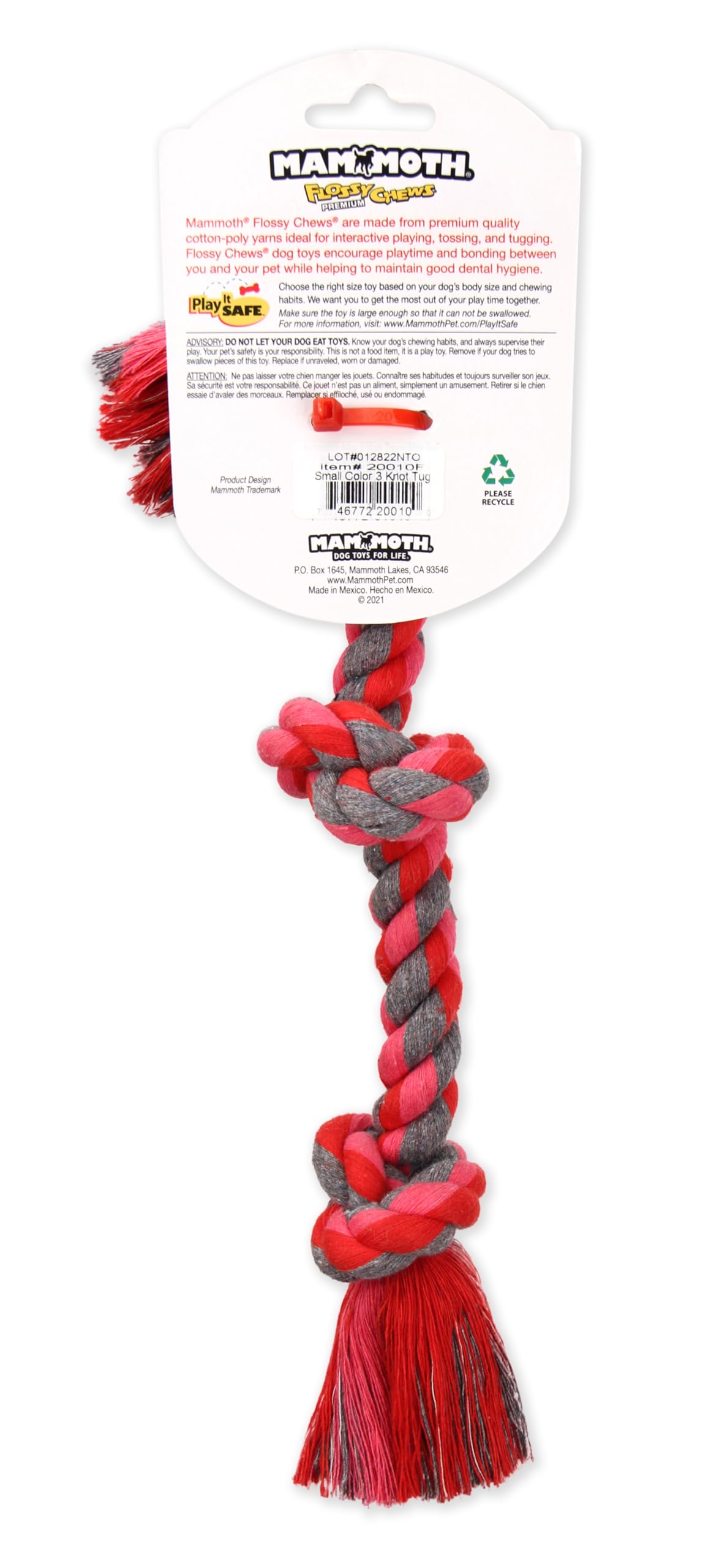Mammoth Flossy Masticables Mezcla de algodón Color 3 Nudos Cuerda Tug, Colores Surtidos, Pequeño